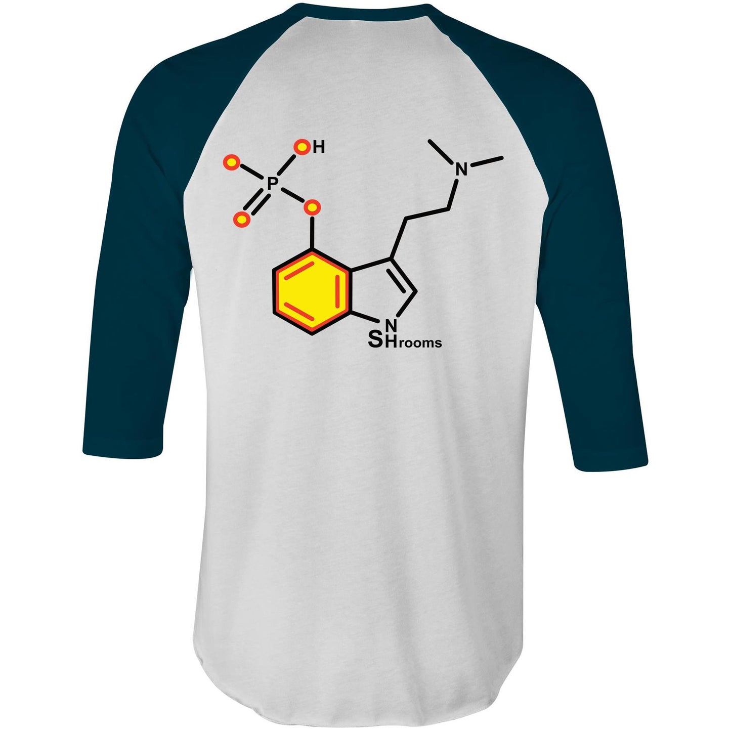 Back of the raglan navy sleeve T-shirt showcasing the yellow-highlighted Psilocybin molecule structure, marrying the world of mycology with everyday style.