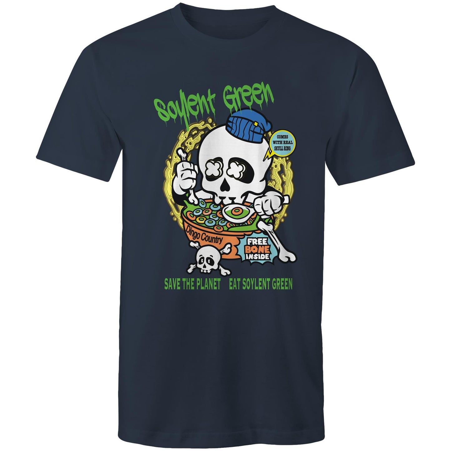 Navy men's T-shirt with a colourful 'Soylent Green' graphic, showcasing a skull eating cereal and a 'Save the Planet, Eat Soylent Green' message.