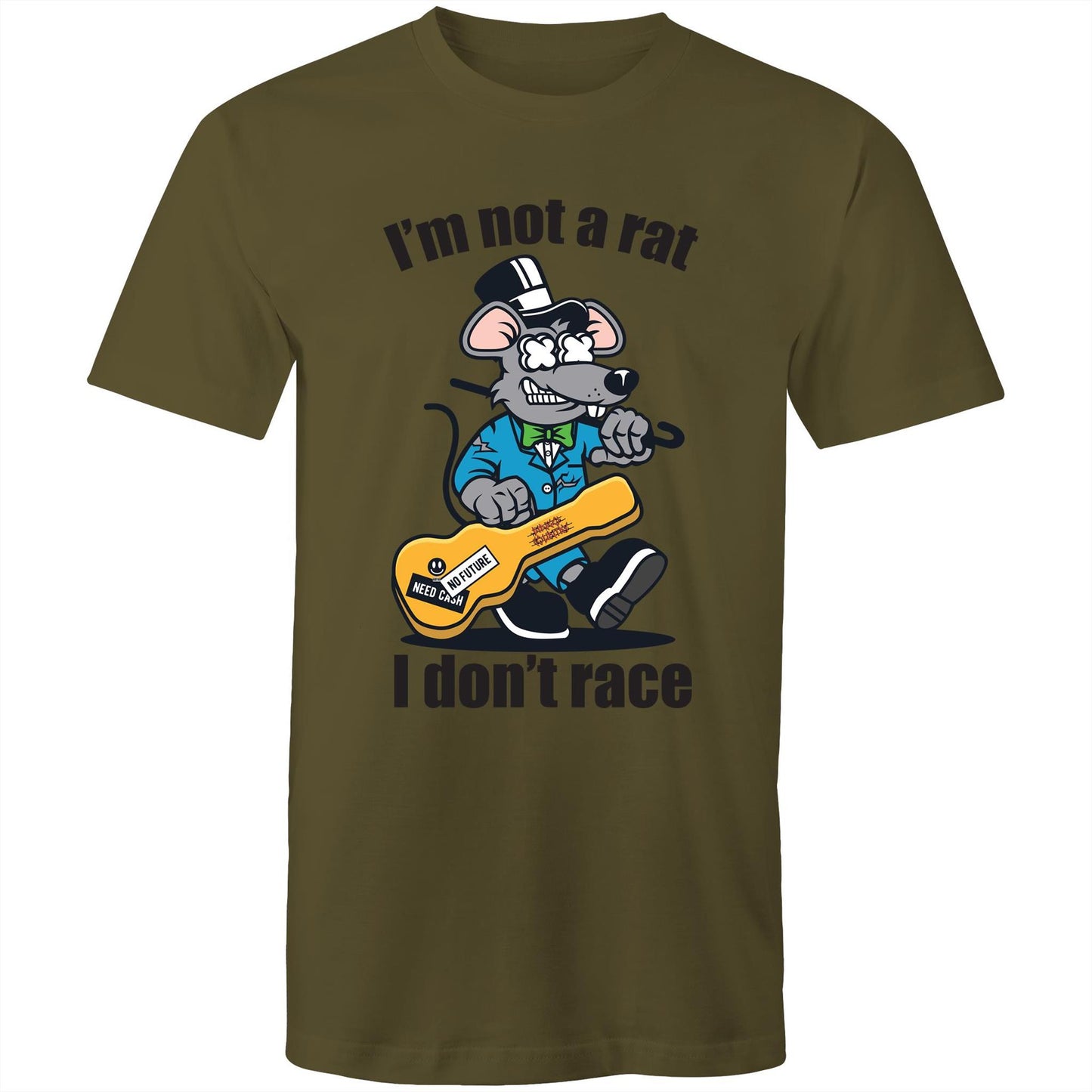 Men's army green t-shirt with a cartoon rat playing guitar and 'I'm Not a Rat, I Don't Race' text - part of Dingo Country's Art & Humour Collection.
