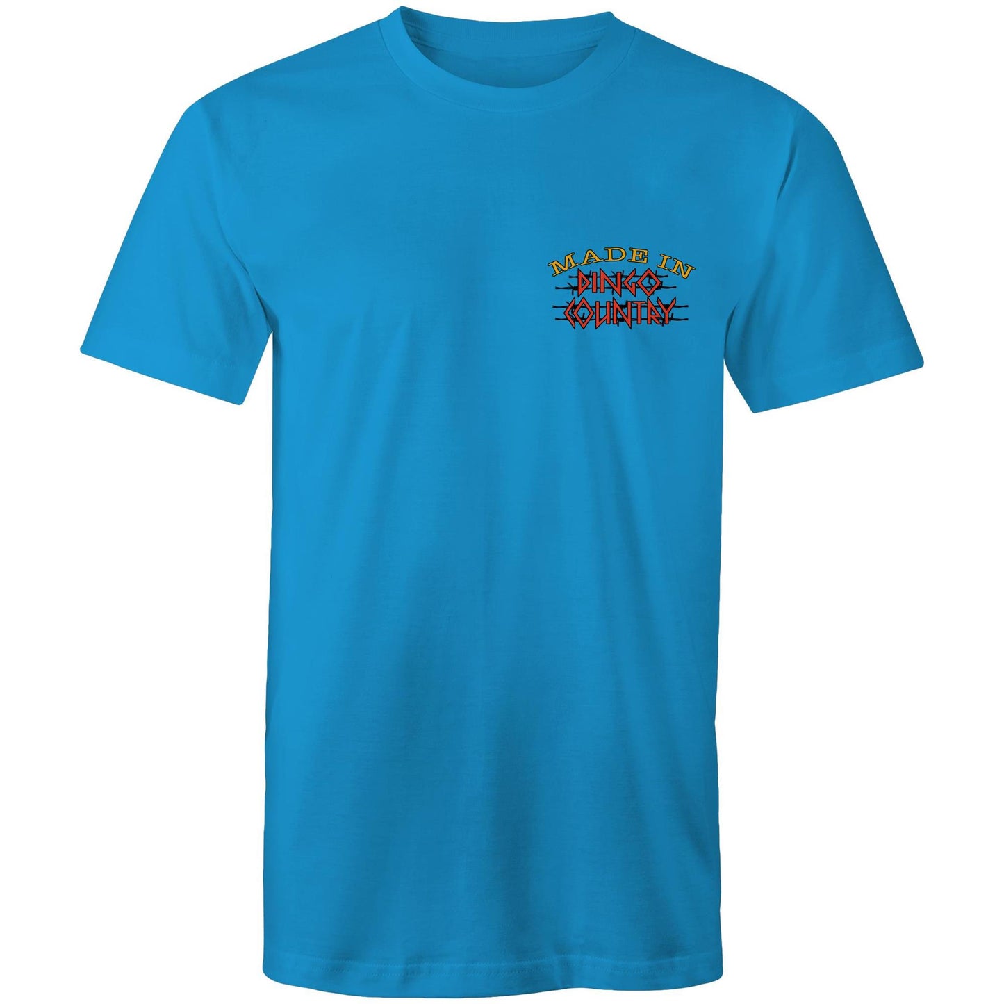 Men's casual arctic blue T-shirt with 'Made in Dingo Country' logo on the chest, representing Australian heritage with style.