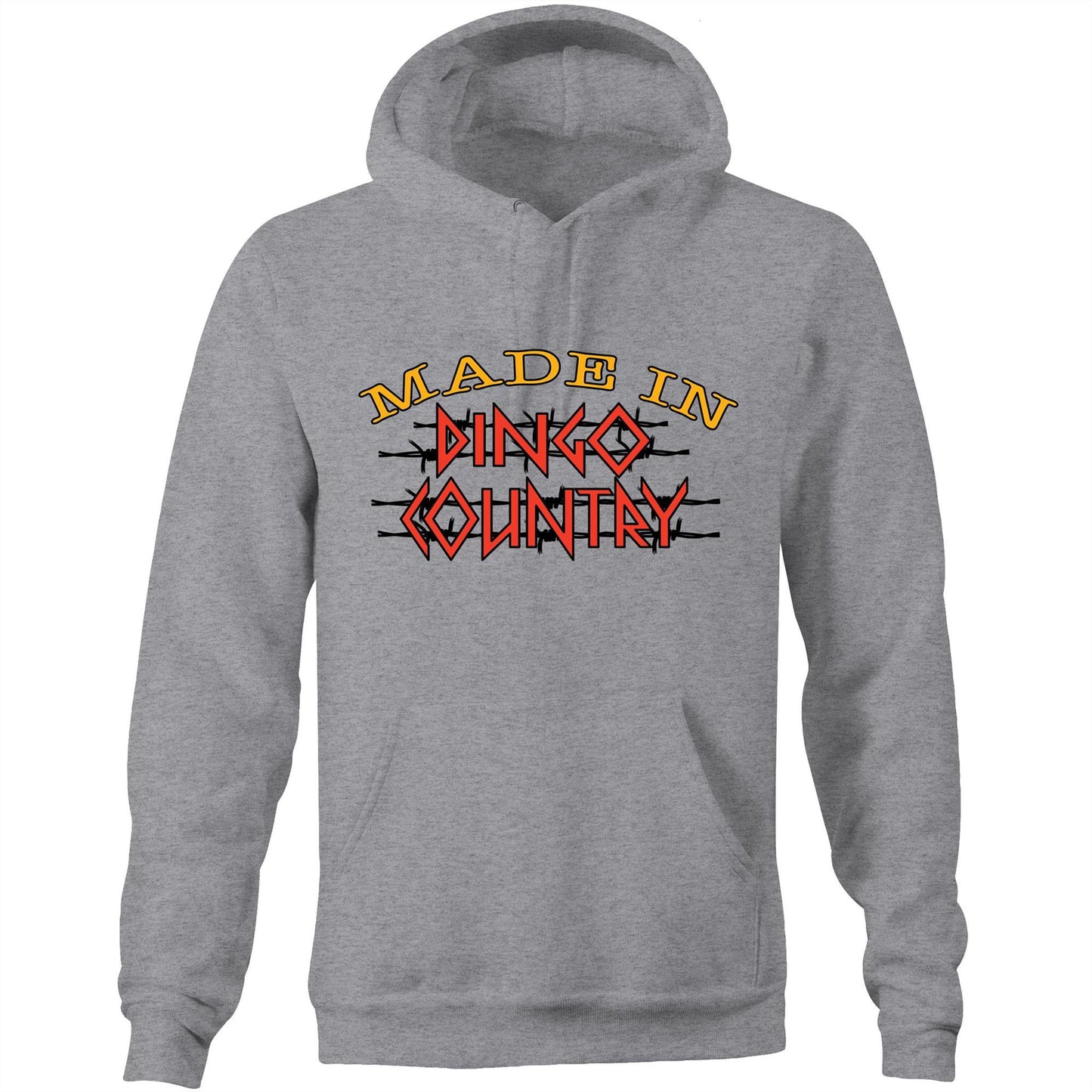 Cozy Grey pocket hoodie featuring the 'Made in Dingo Country' logo, available in eight colours for a snug, patriotic look.