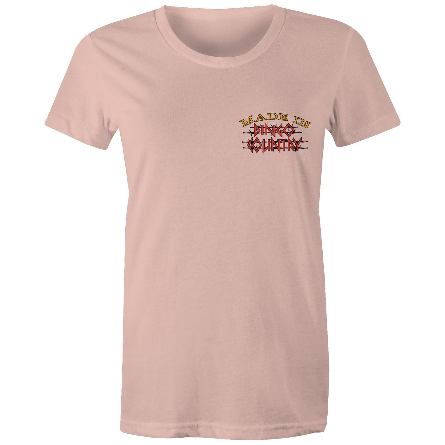 Front view of Dingo Country's pale pink Maple Tee, featuring the iconic 'Made in Dingo Country' logo.