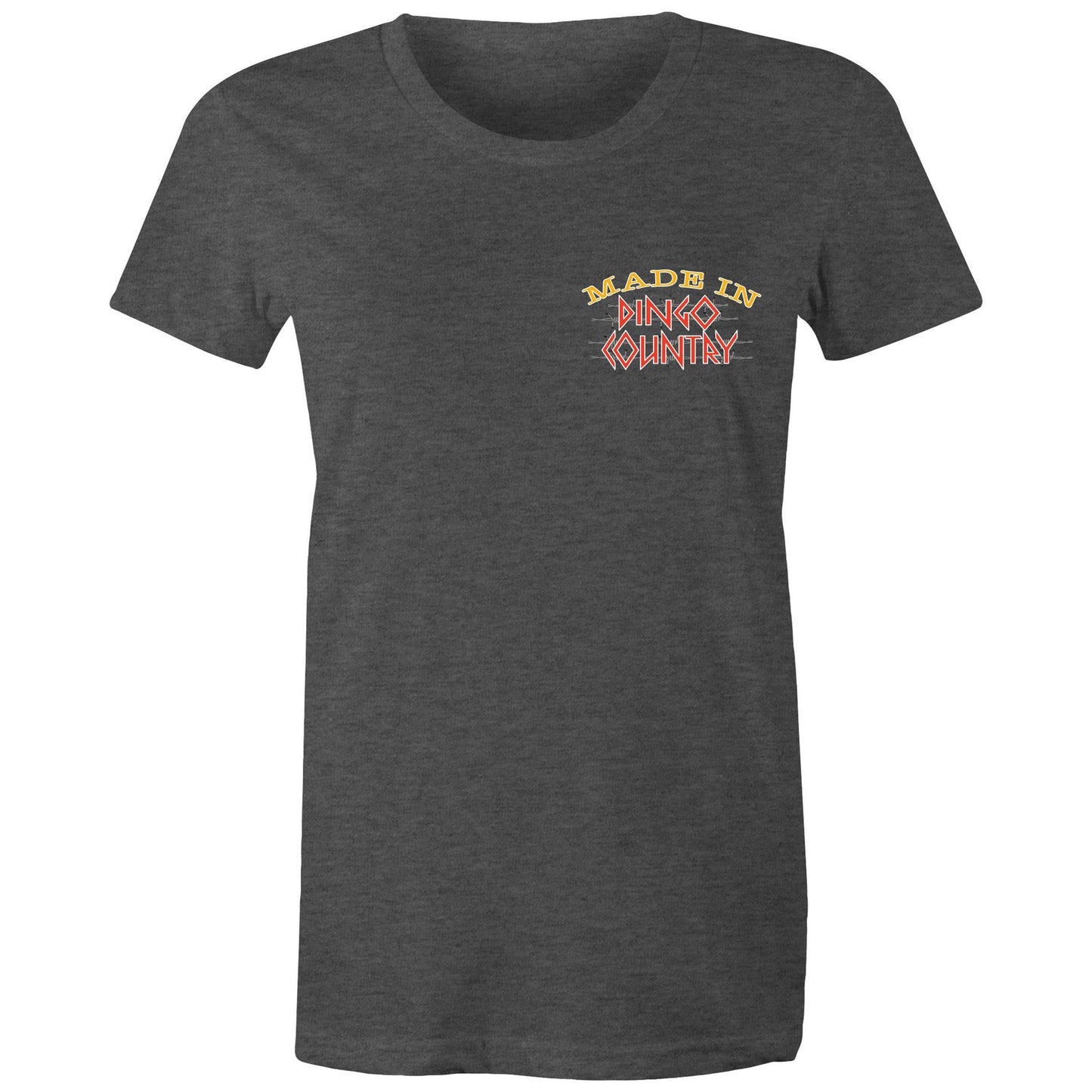 Front view of the asphalt marle 'Fly in My Beer' T-shirt with a small Dingo Country logo on the chest.
