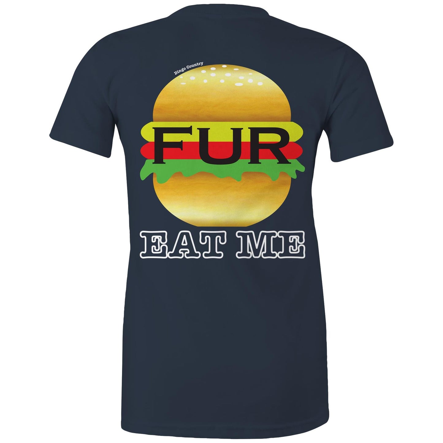 Rear view of Dingo Country's navy Maple Tee, with the playful 'FUR BURGER EAT ME' burger graphic.