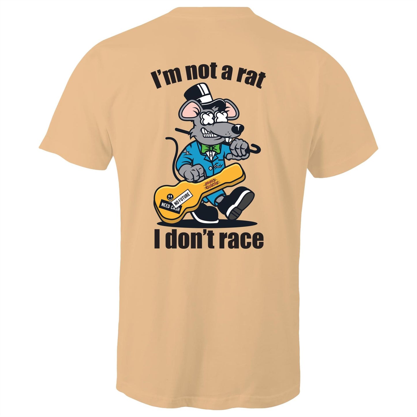 Tan mens T-shirt- Graphic print of a rat playing the guitar with 'I'm Not a Rat, I Don't Race' slogan, showcasing a playful nod to music enthusiasts.