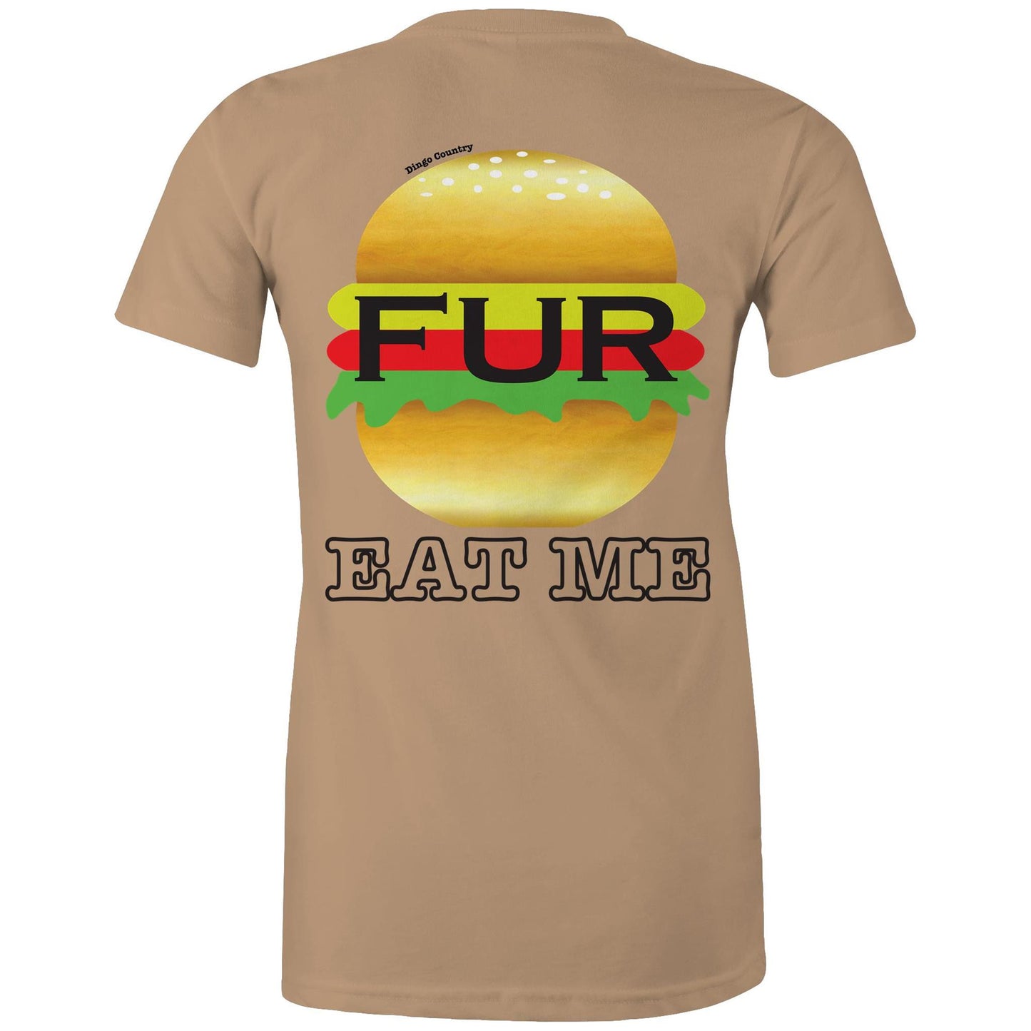 Rear view of Dingo Country's tan Maple Tee, with the playful 'FUR BURGER EAT ME' burger graphic.