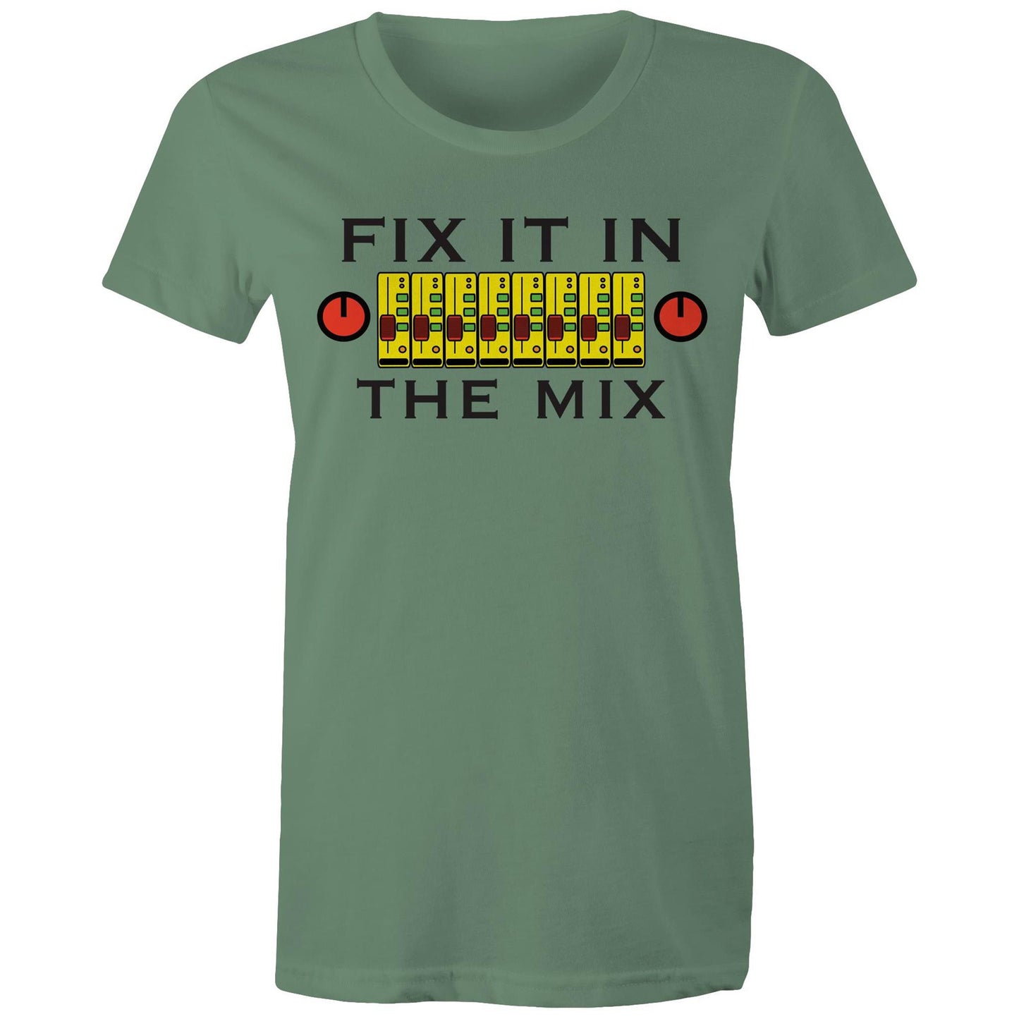 Fix It In The Mix' women's maple tee in Sage with colourful mixer design