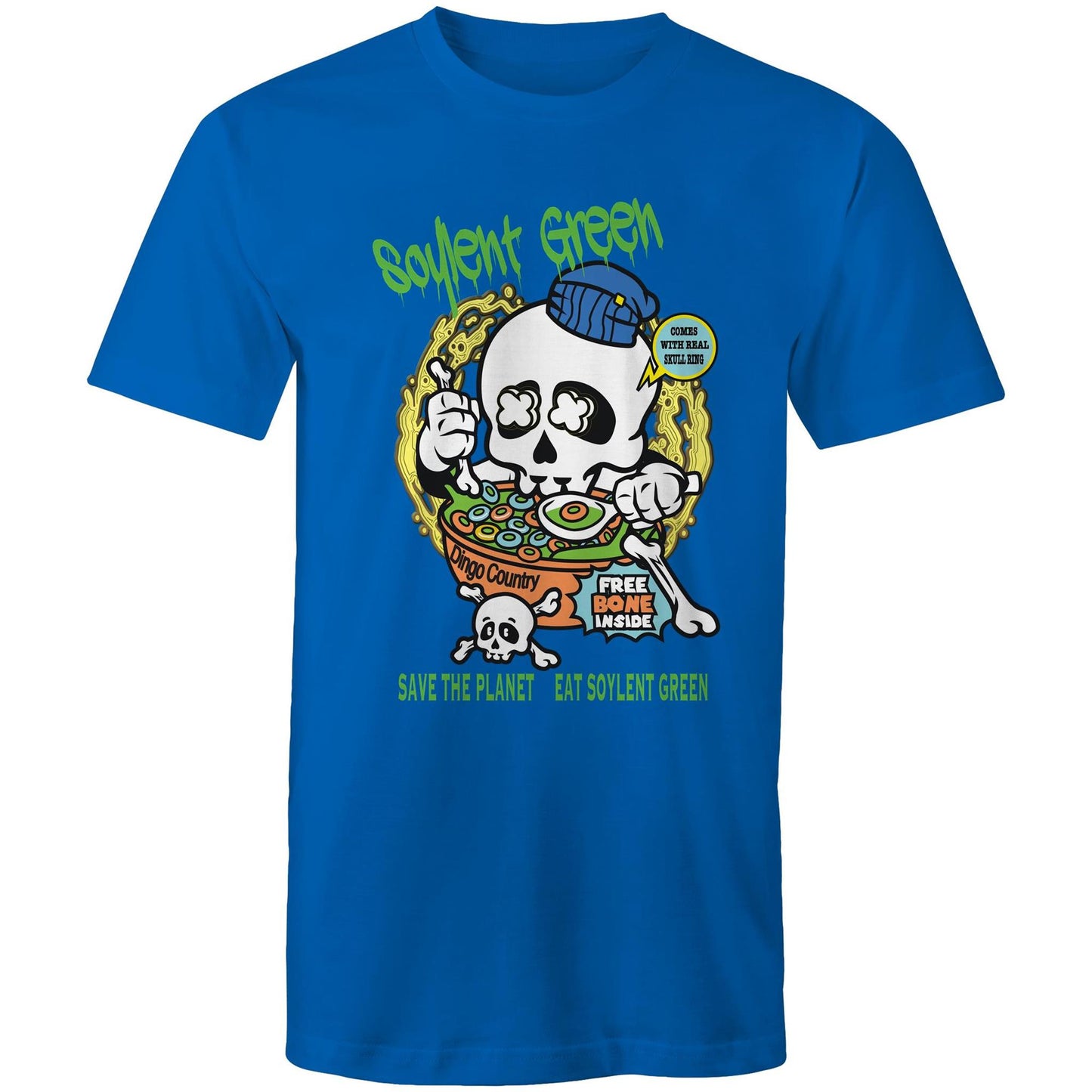 Bright royal men's T-shirt with a colourful 'Soylent Green' graphic, showcasing a skull eating cereal and a 'Save the Planet, Eat Soylent Green' message.