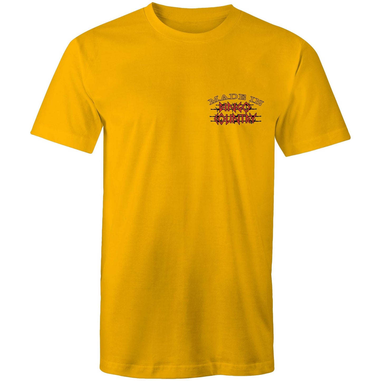 Men's casual gold T-shirt with 'Made in Dingo Country' logo on the chest, representing Australian heritage with style.