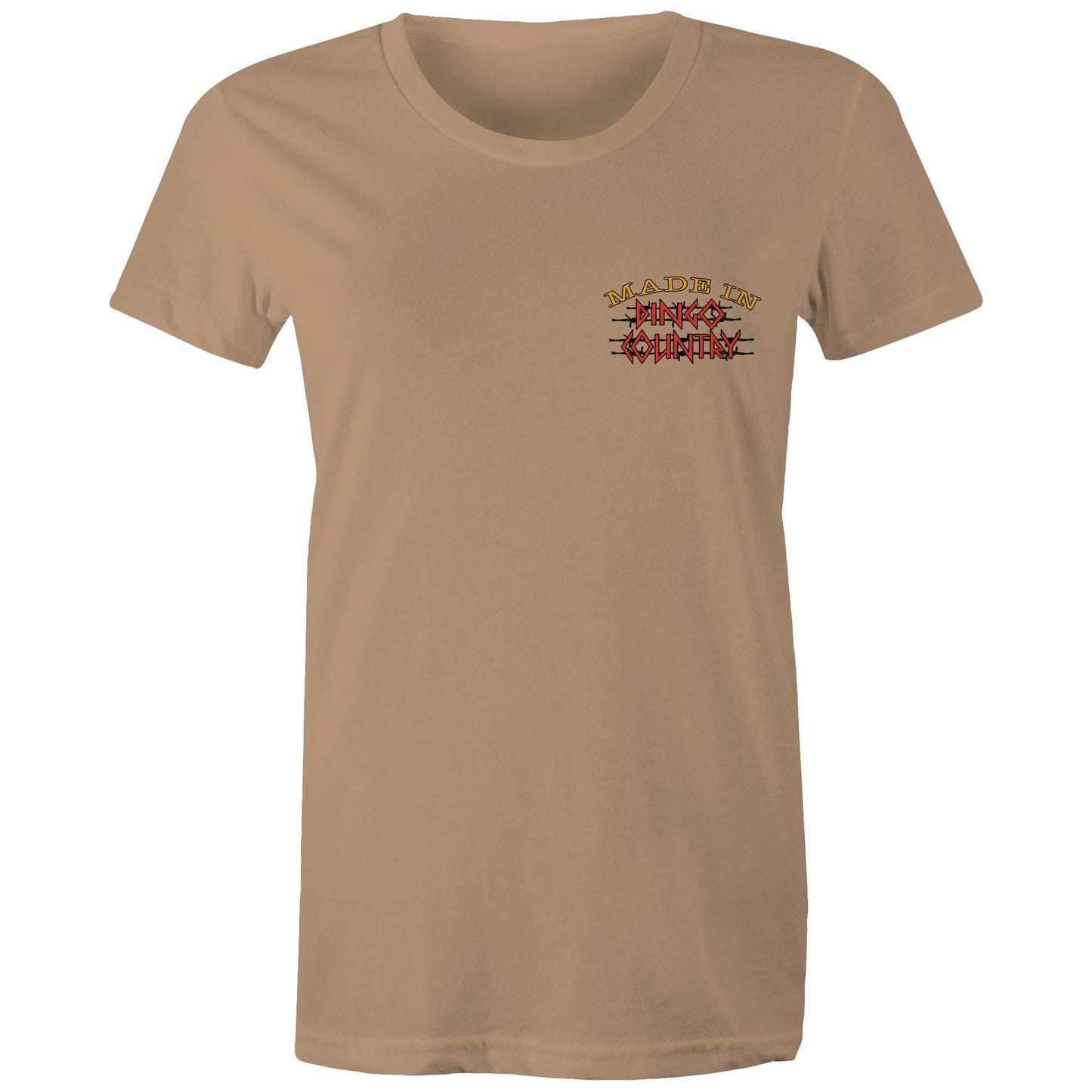 Simple and elegant tan Women's Maple Tee with 'Made in Dingo Country' in distressed Australian flag colours across the chest.