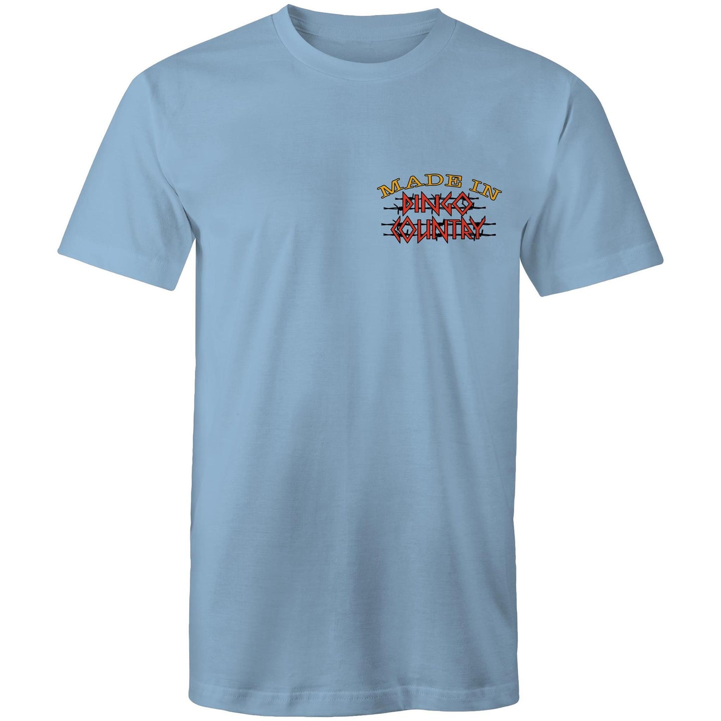 Men's classic Carolina blue t-shirt with a small 'Made in Dingo Country' logo on the chest for a touch of Australian pride.