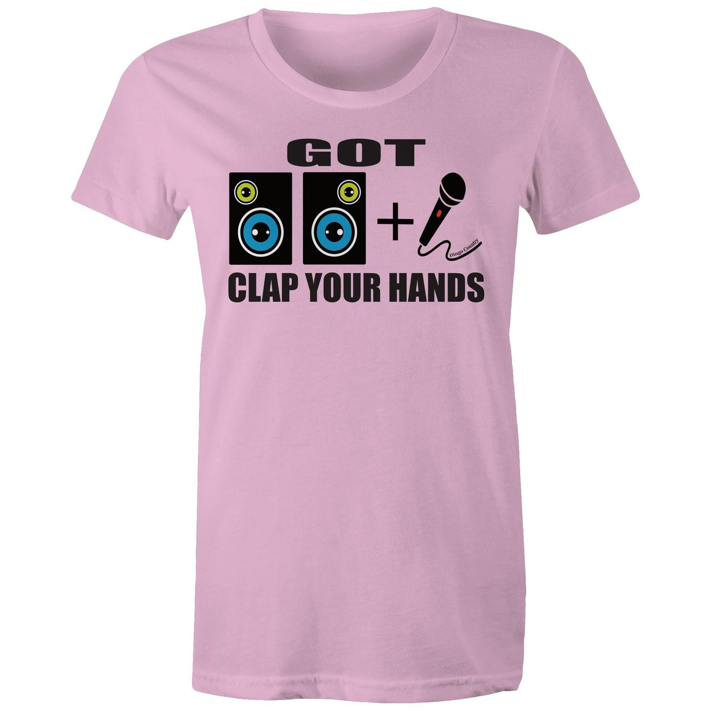 Women's pink maple tee with 'GOT two speakers icon + Mic' icon and 'CLAP YOUR HANDS' text on the front, reflecting Beck's song lyrics