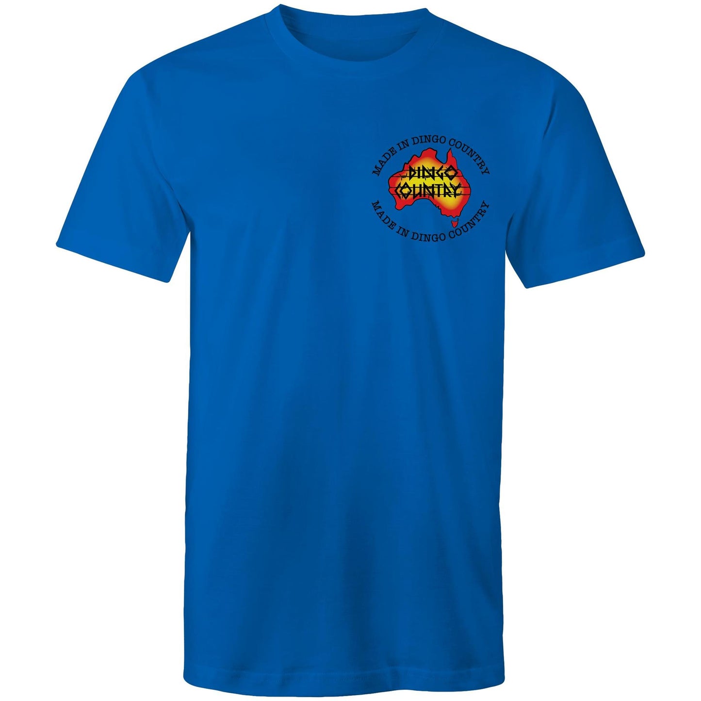 Front view of 'Fly in My Beer' Men's T-Shirt by Dingo Country – bright royal tee with the colourful logo reading 'Made in Dingo Country'