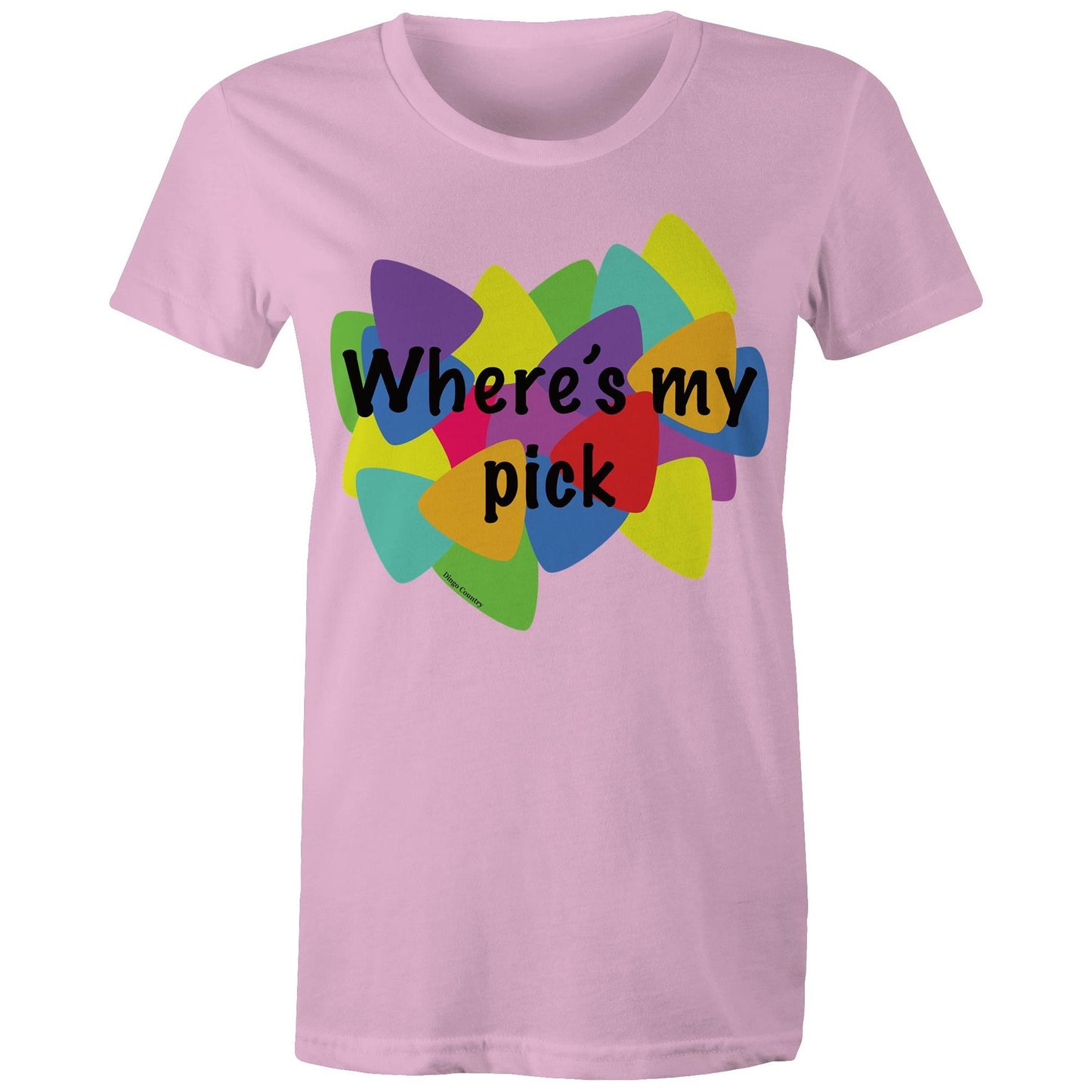 "Where's My Pick" Women's Maple Tee in pink, featuring a colourful and playful guitar pick graphic in the center with the question "Where's my pick" written across, ideal for those who love a blend of music, style, and fun.