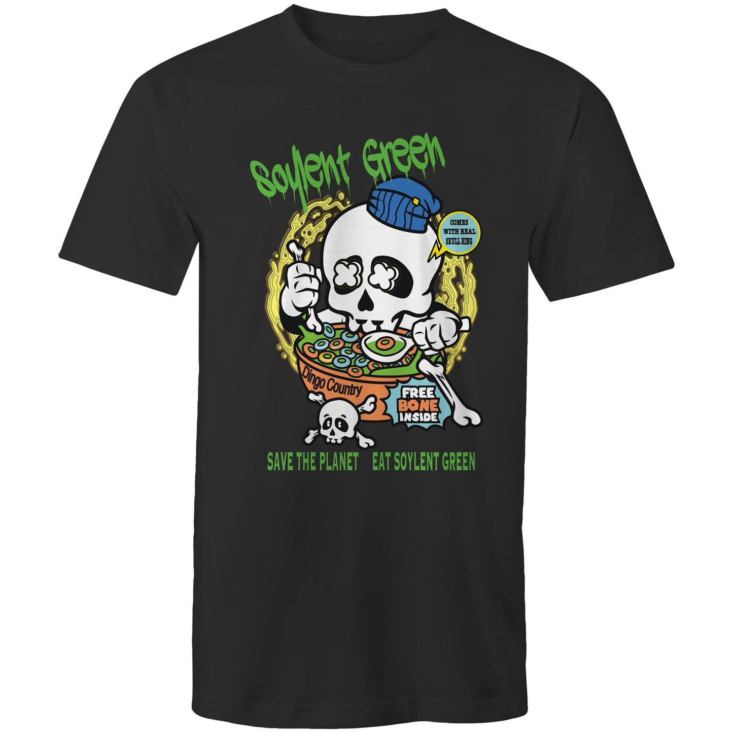 Black men's T-shirt with a colourful 'Soylent Green' graphic, showcasing a skull eating cereal and a 'Save the Planet, Eat Soylent Green' message.