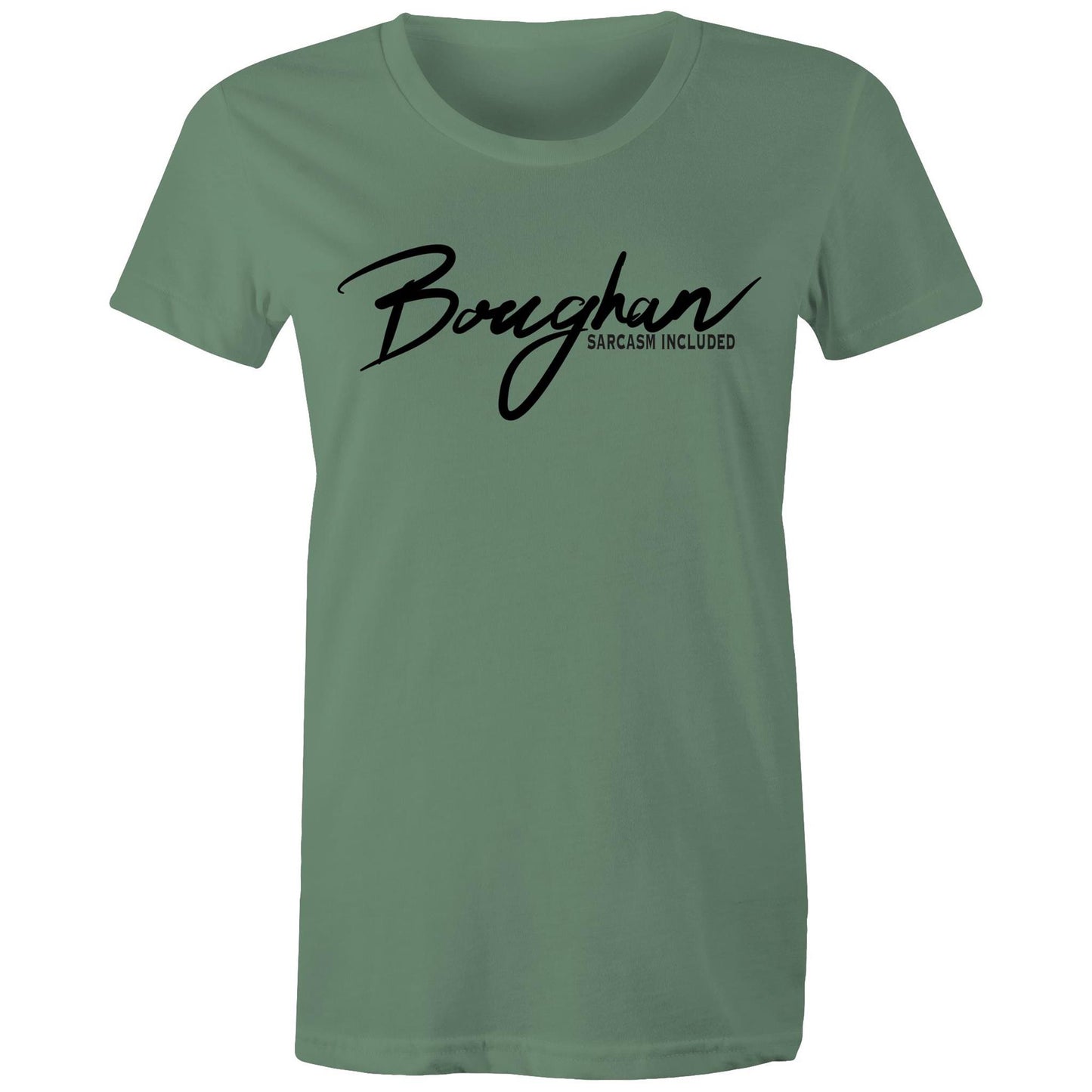 Chic Women's Maple Tee in sage with 'Boughan - Sarcasm Included' script, merging casual style with a playful message.