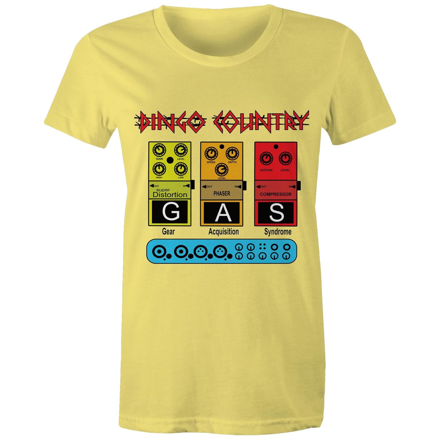 Close-up of the GAS Effect Pedal Women's T-Shirt yellow by Dingo Country, celebrating music gear culture