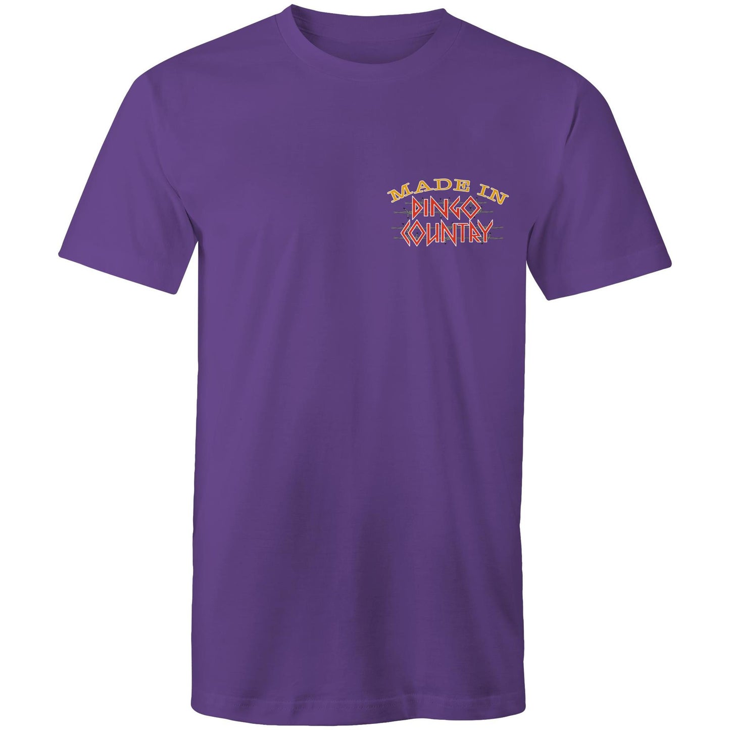 Men's purple T-shirt with a small 'Made in Dingo Country' chest logo, signifying understated Australian pride and a love for homegrown science.