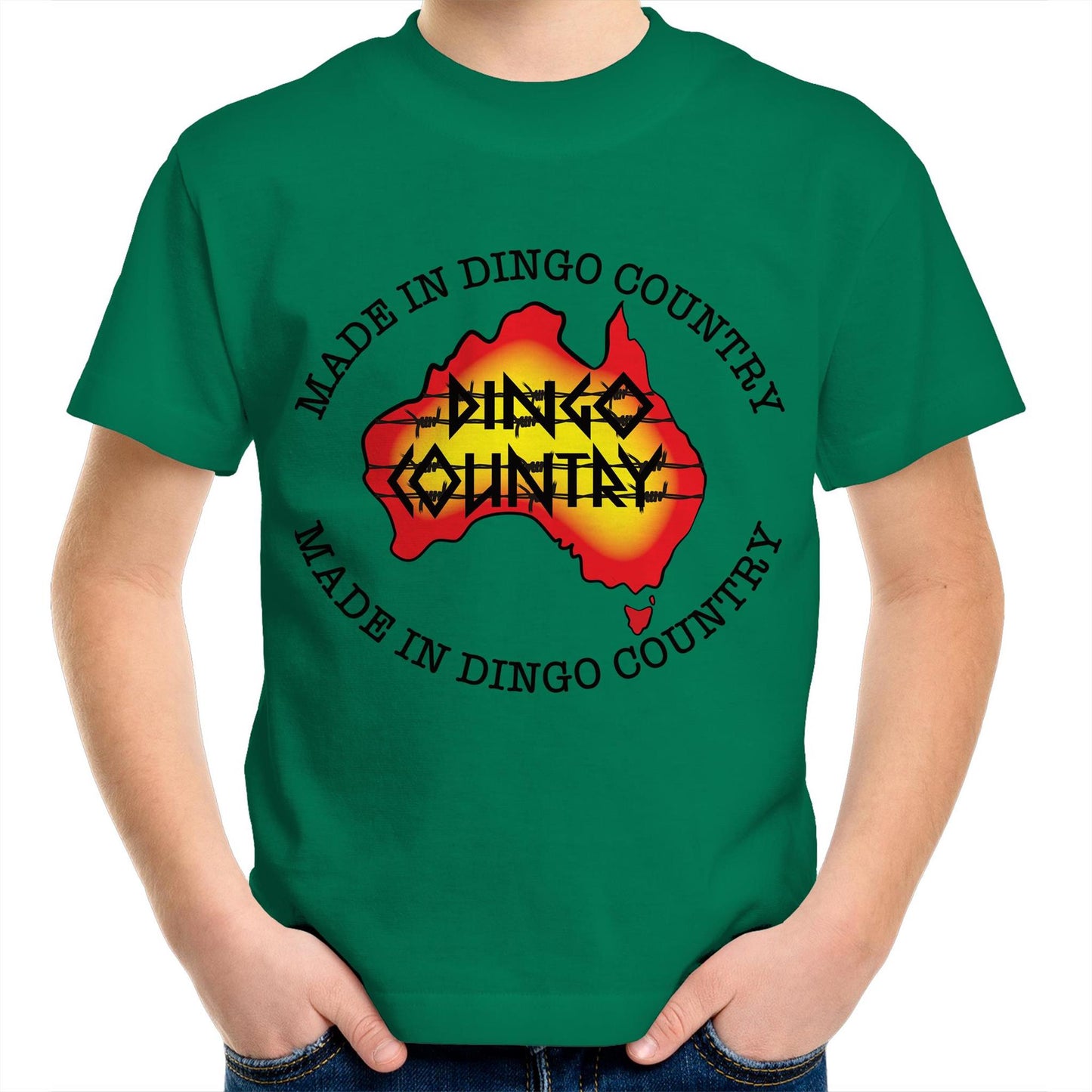 Child's kelly green crew-neck t-shirt with 'Made in Dingo Country' Australia map design, available in 10 vibrant colors for a fun Australian-themed style.