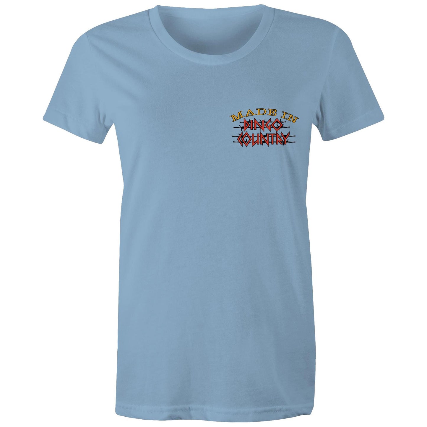 Front view of Dingo Country's Carolina blue Maple Tee, featuring the iconic 'Made in Dingo Country' logo.