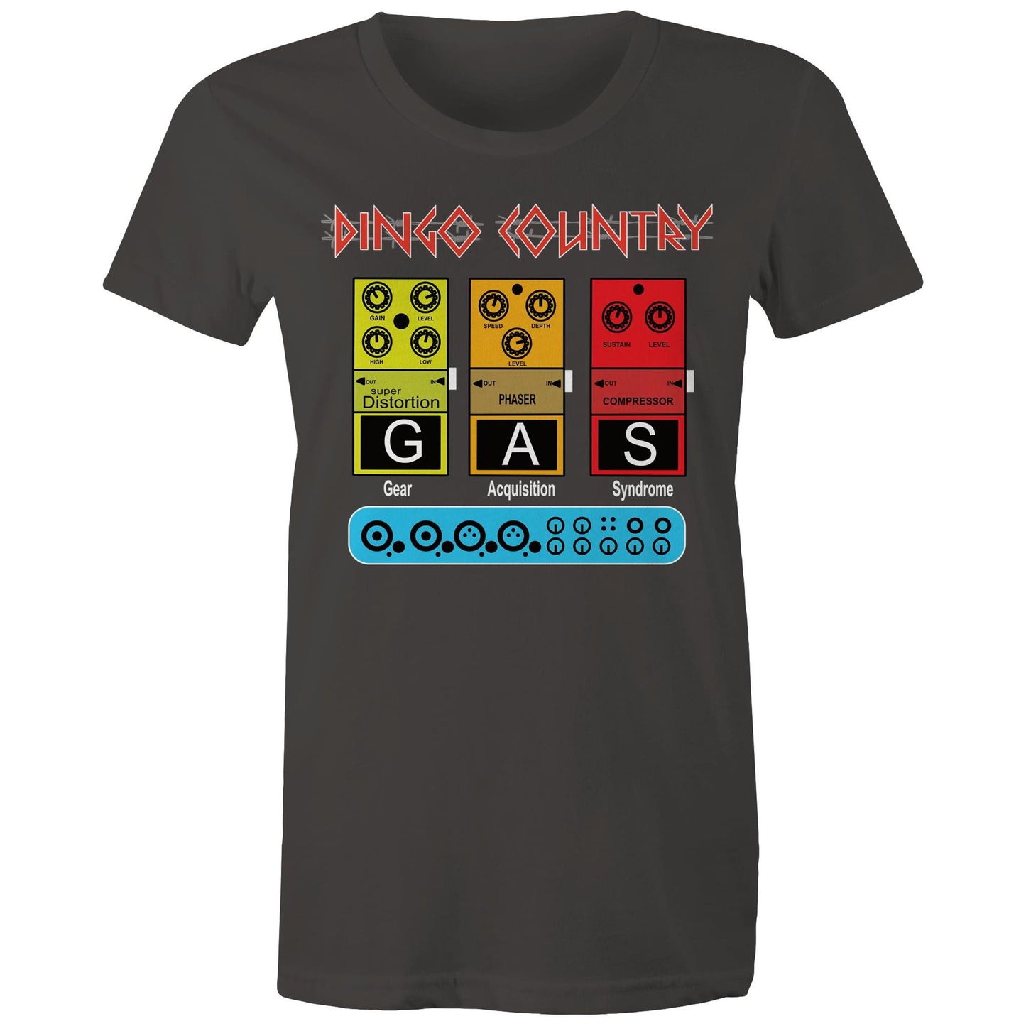 Close-up of the GAS Effect Pedal Women's T-Shirt charcoal by Dingo Country, celebrating music gear culture
