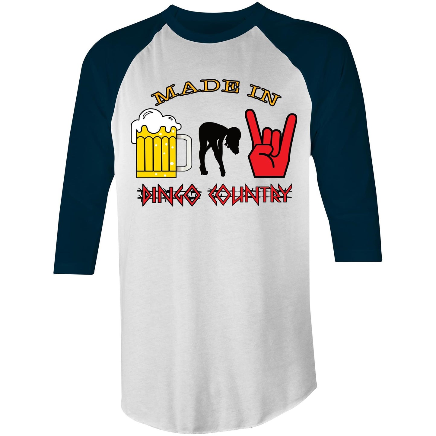 "Beer, Babes, and Rock" 3/4 Sleeve T-Shirt: The Ultimate Trio on Your Sleeves | DC
