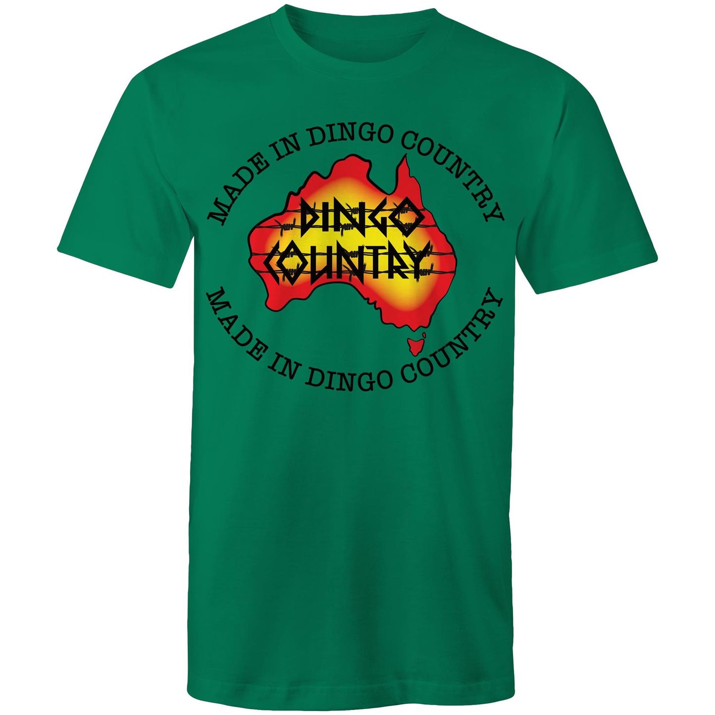 Men's kelly green T-shirt highlighting a map of Australia with a 'Made in Dingo Country' motif, combining national pride and a sunburnt colour palette.