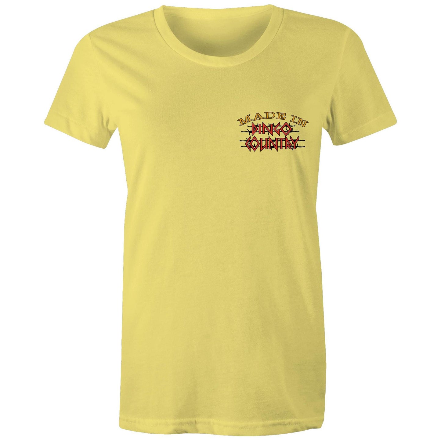 Front view of Dingo Country's yellow Maple Tee, featuring the iconic 'Made in Dingo Country' logo.