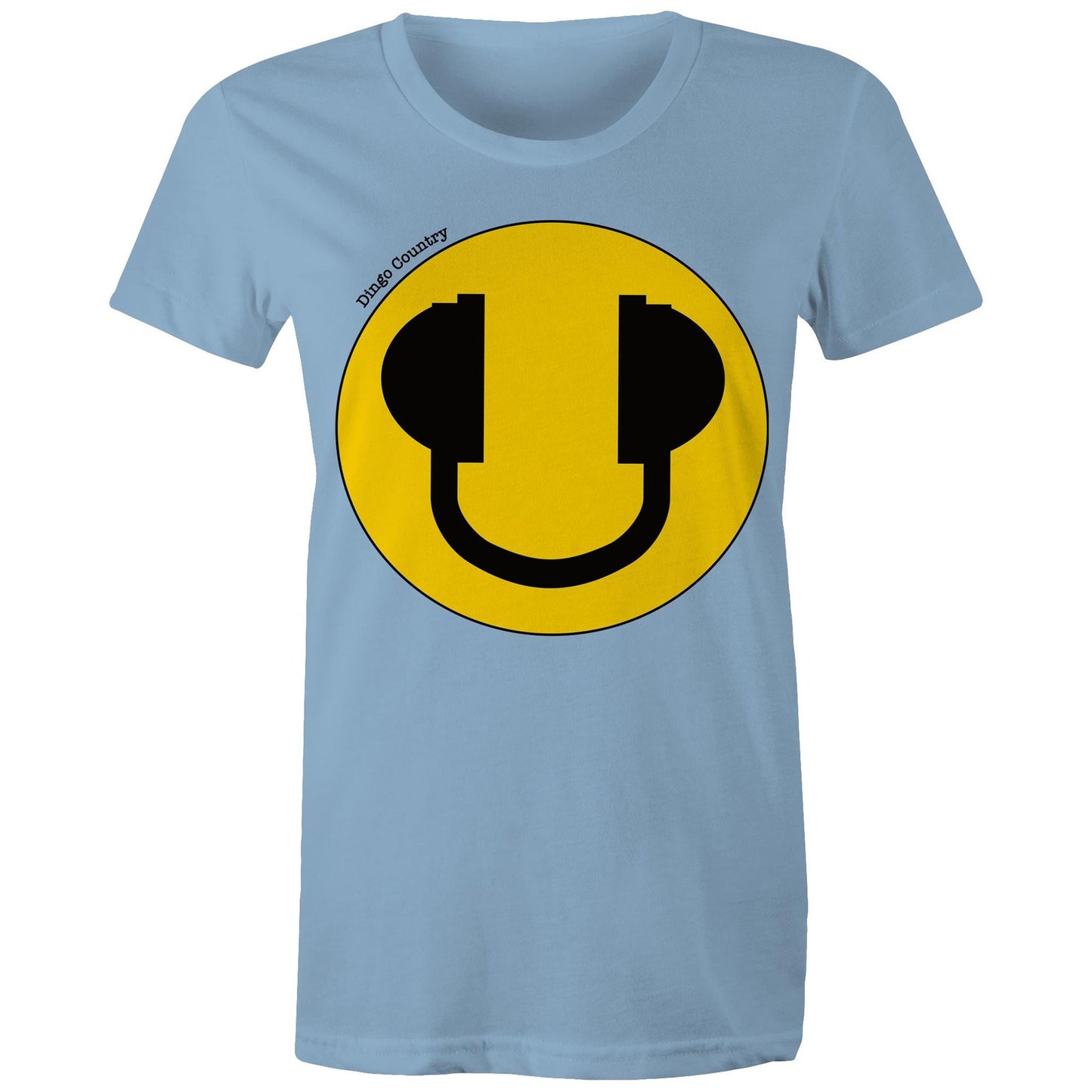 Women's Maple Tee in Carolina blue with a bold yellow smiley face and headphone design, expressing a fun-loving music vibe, available at Dingo Country.