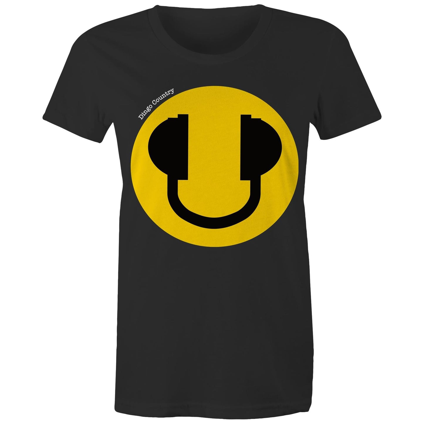Women's Maple Tee in black with a bold yellow smiley face and headphone design, expressing a fun-loving music vibe, available at Dingo Country.
