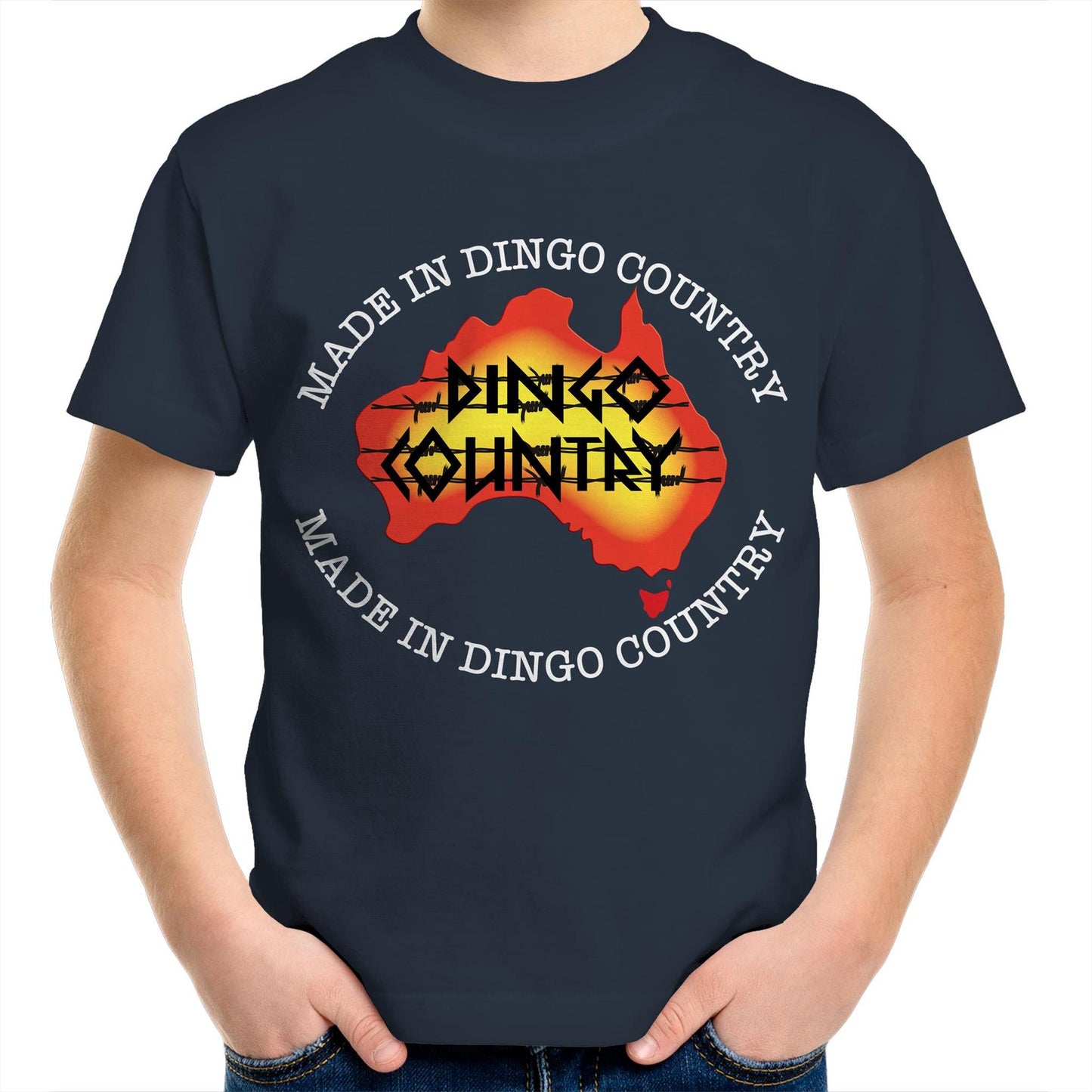 Child's navy crew-neck t-shirt with 'Made in Dingo Country' Australia map design, available in 10 vibrant colors for a fun Australian-themed style.