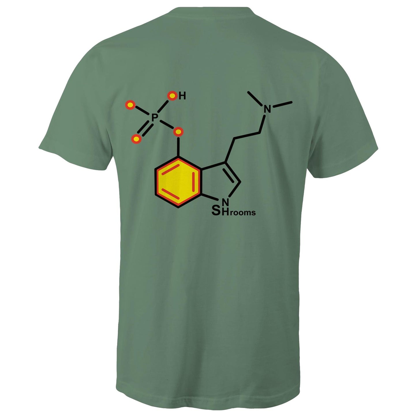 Back of the men's sage T-shirt showcasing the Psilocybin molecule, combining scientific appeal with a sharp, modern design.