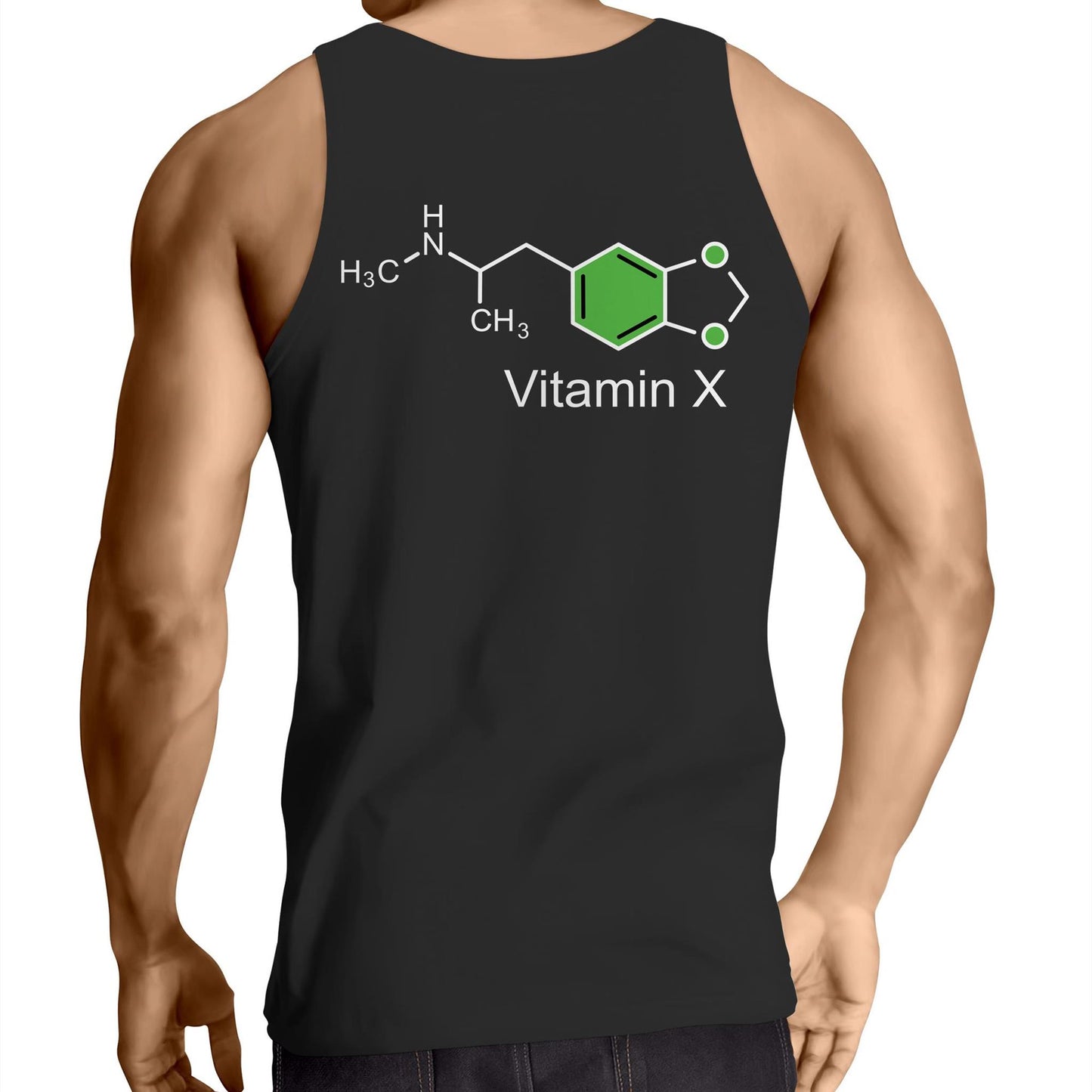 Back view of a men's black singlet showing the MDMA molecule with 'Vitamin X' label, a bold nod to rave culture and chemistry enthusiasts.