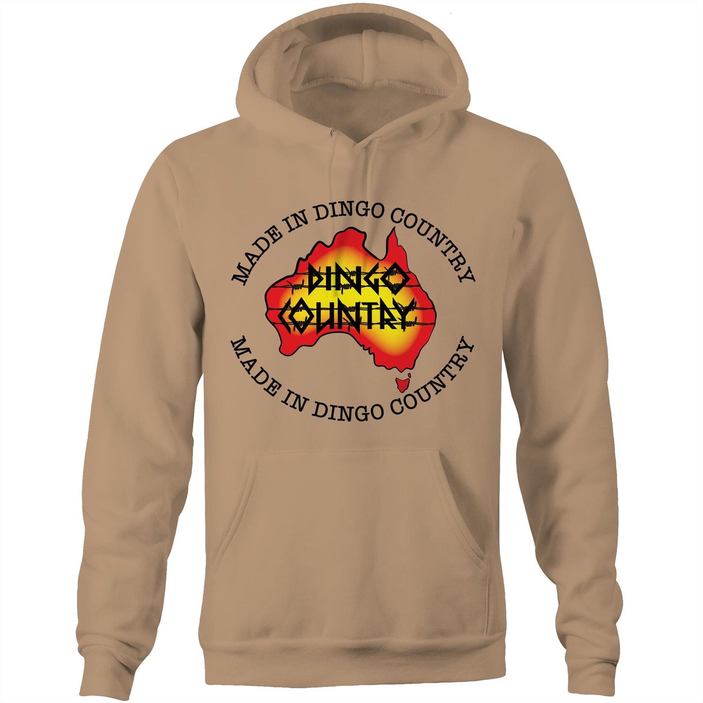 Yellow 'Made in DC Australia' pocket hoodie sweatshirt showcasing a stylised map of Australia with 'Dingo Country' & made in dingo country text on the front.