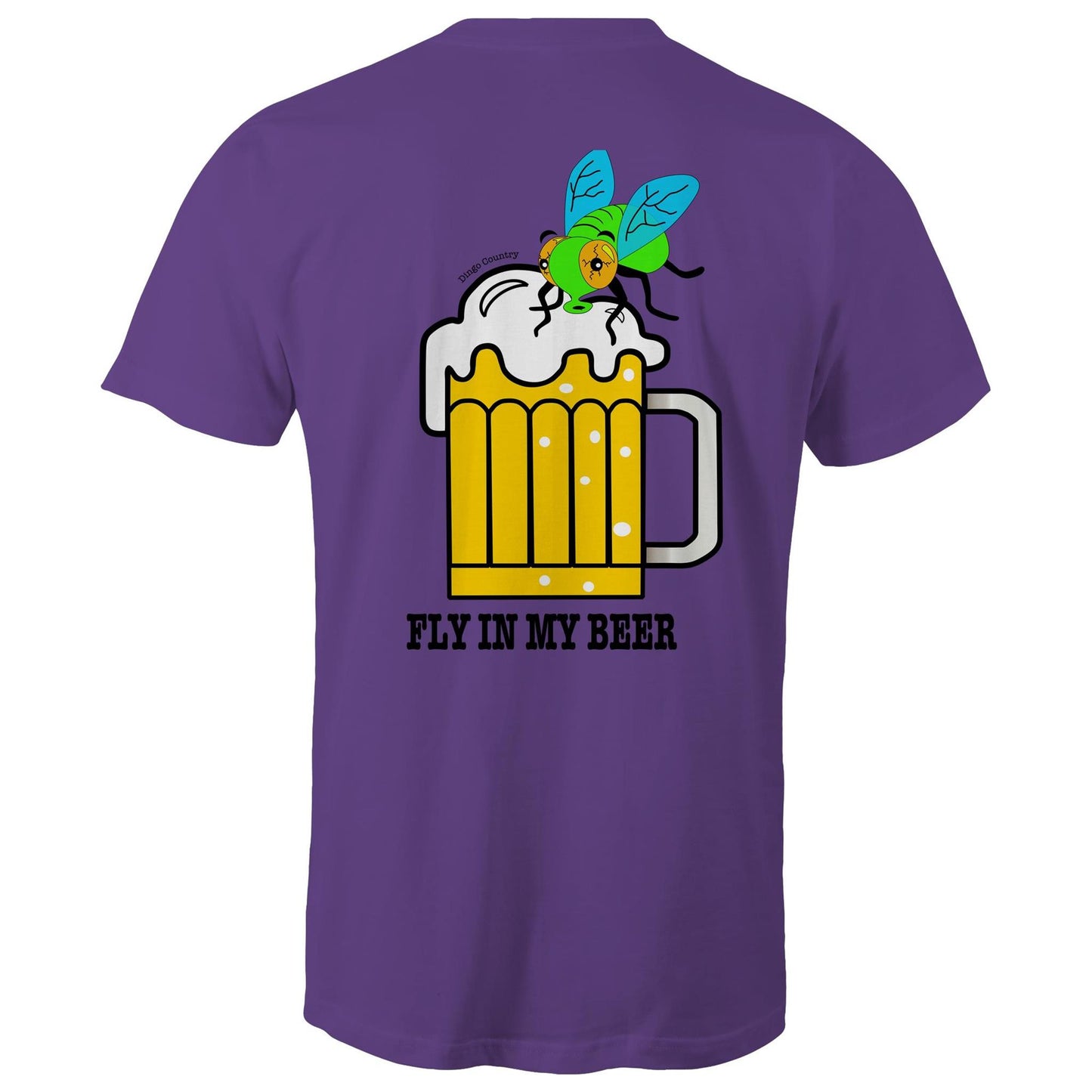 Back view of 'Fly in My Beer' Men's T-Shirt by Dingo Country in purple – showcasing a playful graphic of a beer mug with a fly on top and the witty phrase 'Fly in My Beer' in bold letters, symbolising the Aussie outdoor drinking experience.
