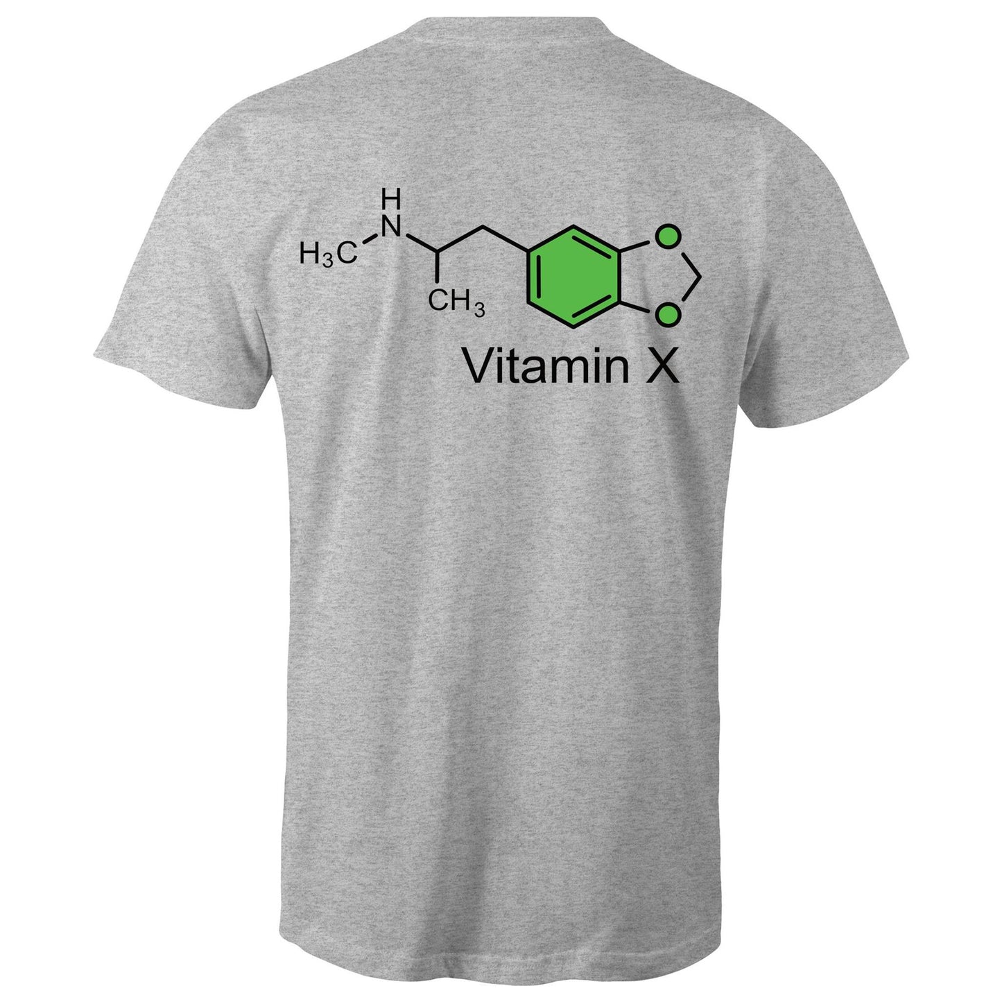 Back of the grey t-shirt displaying the green and black MDMA molecular structure with 'Vitamin X' text, celebrating scientific curiosity