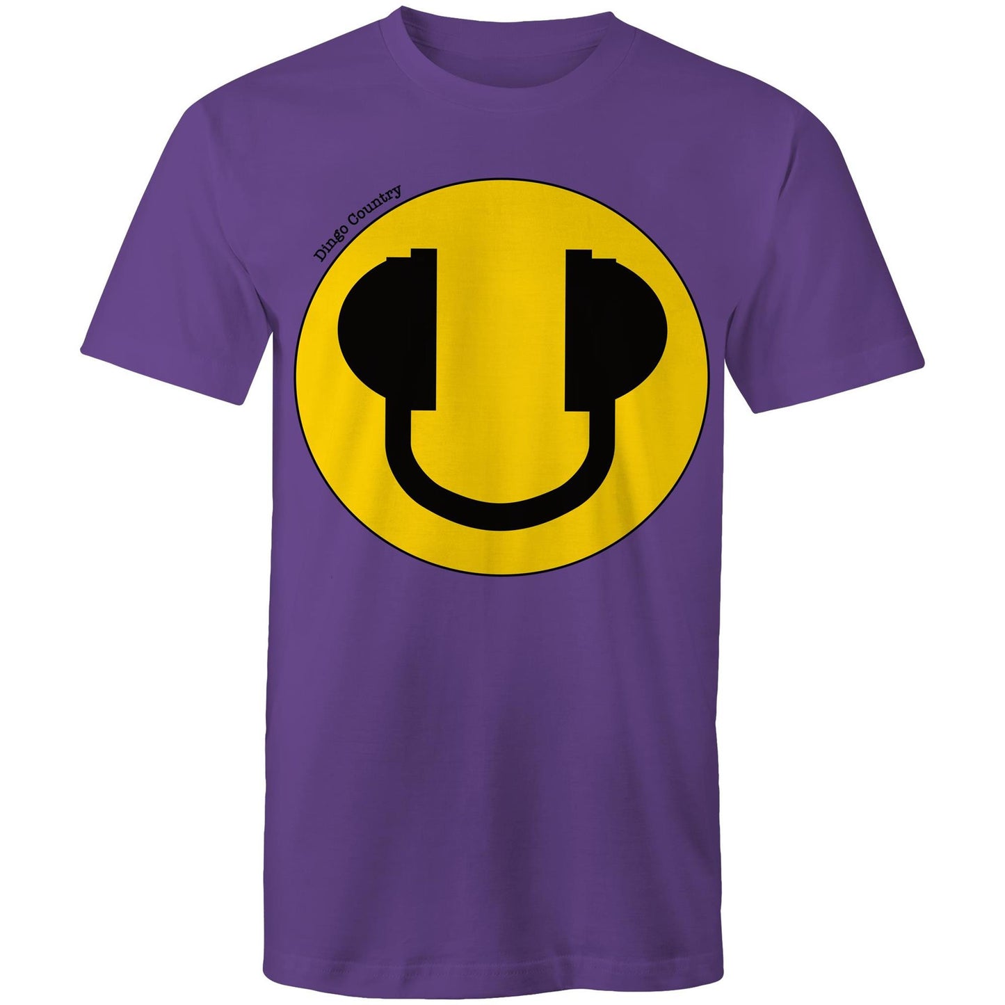 Men's purple T-Shirt featuring a large smiley face with headphone design, available in 13 colors, showcasing a playful and music-inspired style from Dingo Country.