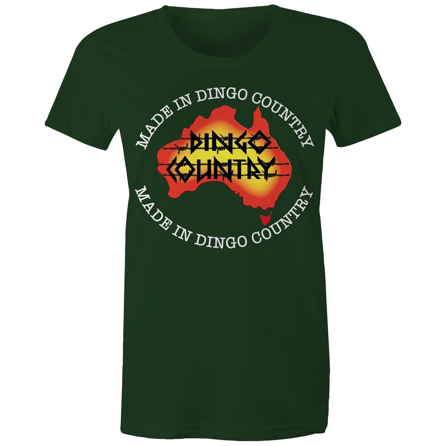 Women's Dingo Country Australia map t-shirt in kelly green, available in 16 colours, with 'Made in Dingo Country' text for a proud Australian look.