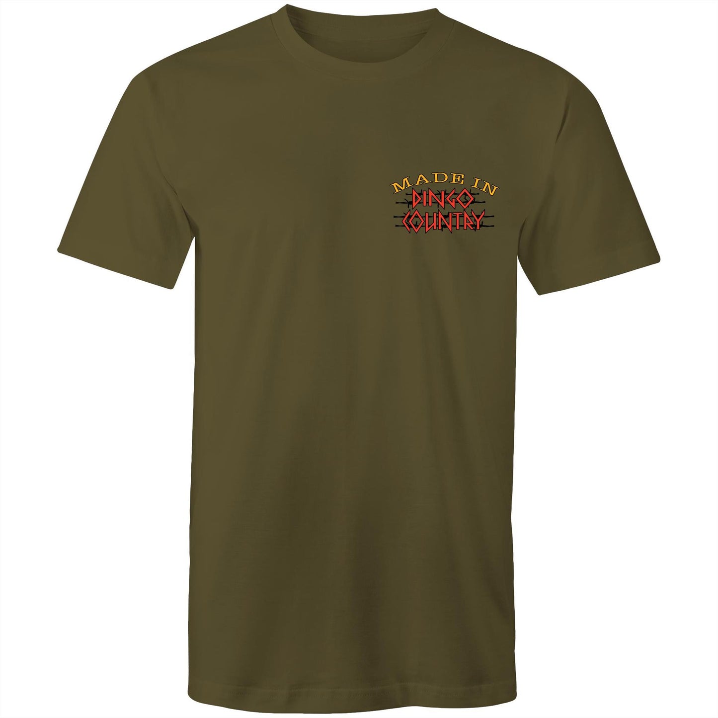 Front view of 'Life’s Short Dance' Men's T-Shirt showcasing the 'Made in Dingo Country' logo in warm earthy tones on an army green background.