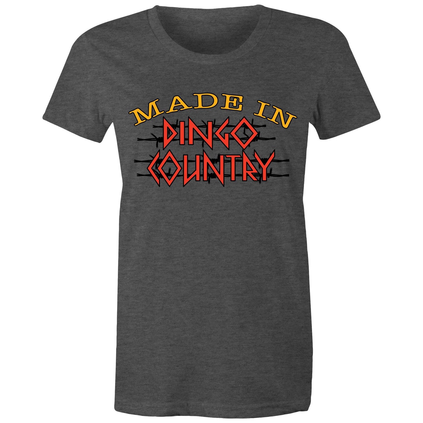 Comfortable asphalt Women's Maple Tee with 'Made in Dingo Country' graphic in bold yellow and red, capturing the adventurous Aussie spirit