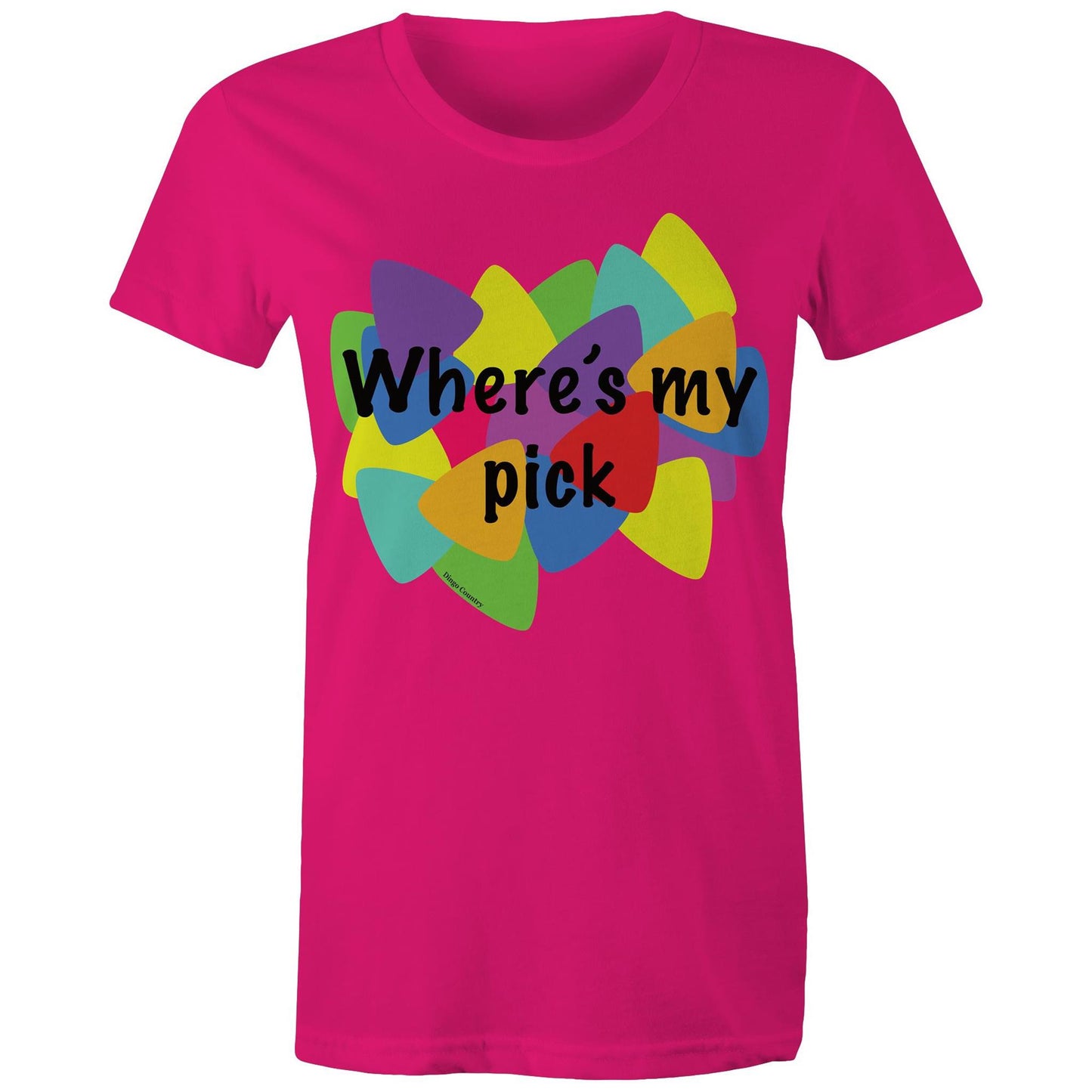 "Where's My Pick" Women's Maple Tee in fuchsia, featuring a colourful and playful guitar pick graphic in the center with the question "Where's my pick" written across, ideal for those who love a blend of music, style, and fun.