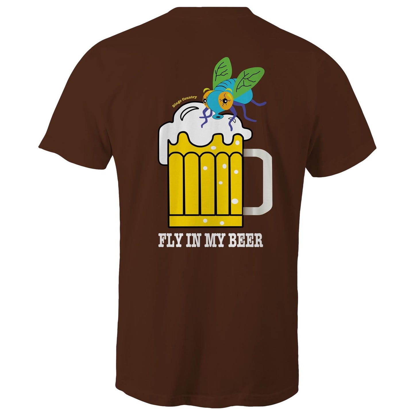 Back view of 'Fly in My Beer' Men's T-Shirt by Dingo Country in dark chocolate– showcasing a playful graphic of a beer mug with a fly on top and the witty phrase 'Fly in My Beer' in bold letters, symbolising the Aussie outdoor drinking experience.