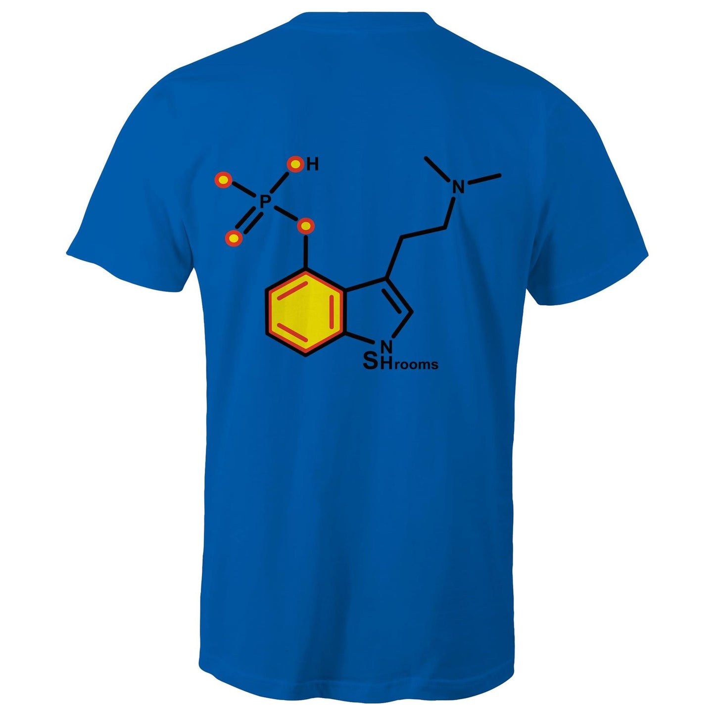 Back of the men's bright royal T-shirt showcasing the Psilocybin molecule, combining scientific appeal with a sharp, modern design.