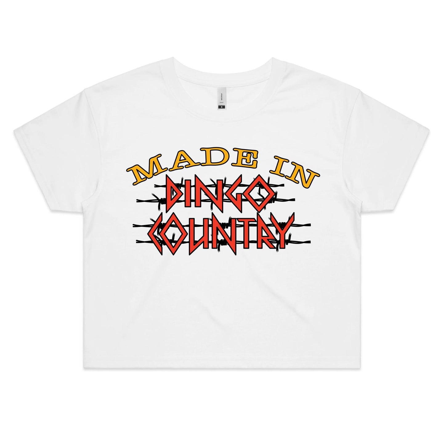 Women's white crop tee with 'Made in Dingo Country' print in vibrant yellow and red lettering, showcasing Australian pride