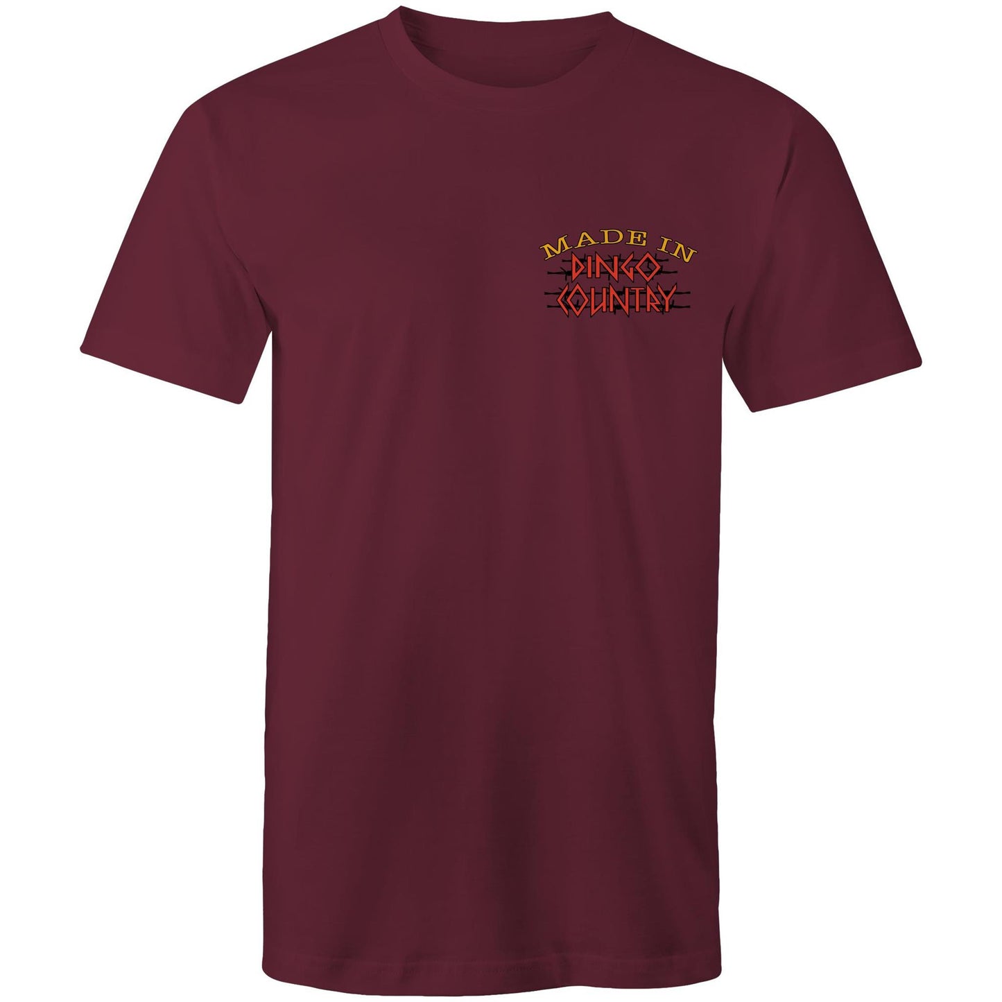 Burgundy T-shirt with a small 'Made in Dingo Country' logo on the chest, symbolizing Australian heritage with a minimalist front design.