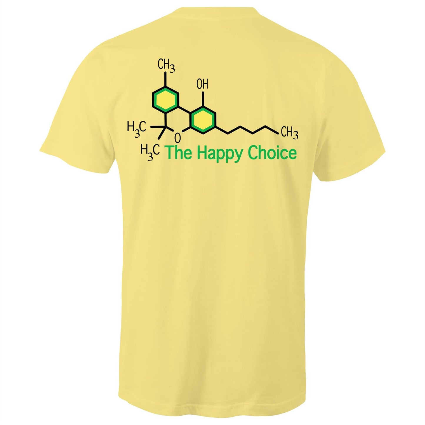 Rear view of a lemon T-shirt showing the chemical structure of Tetrahydrocannabinol (THC) with 'The Happy Choice' tagline, merging fun with pharmacological interest.