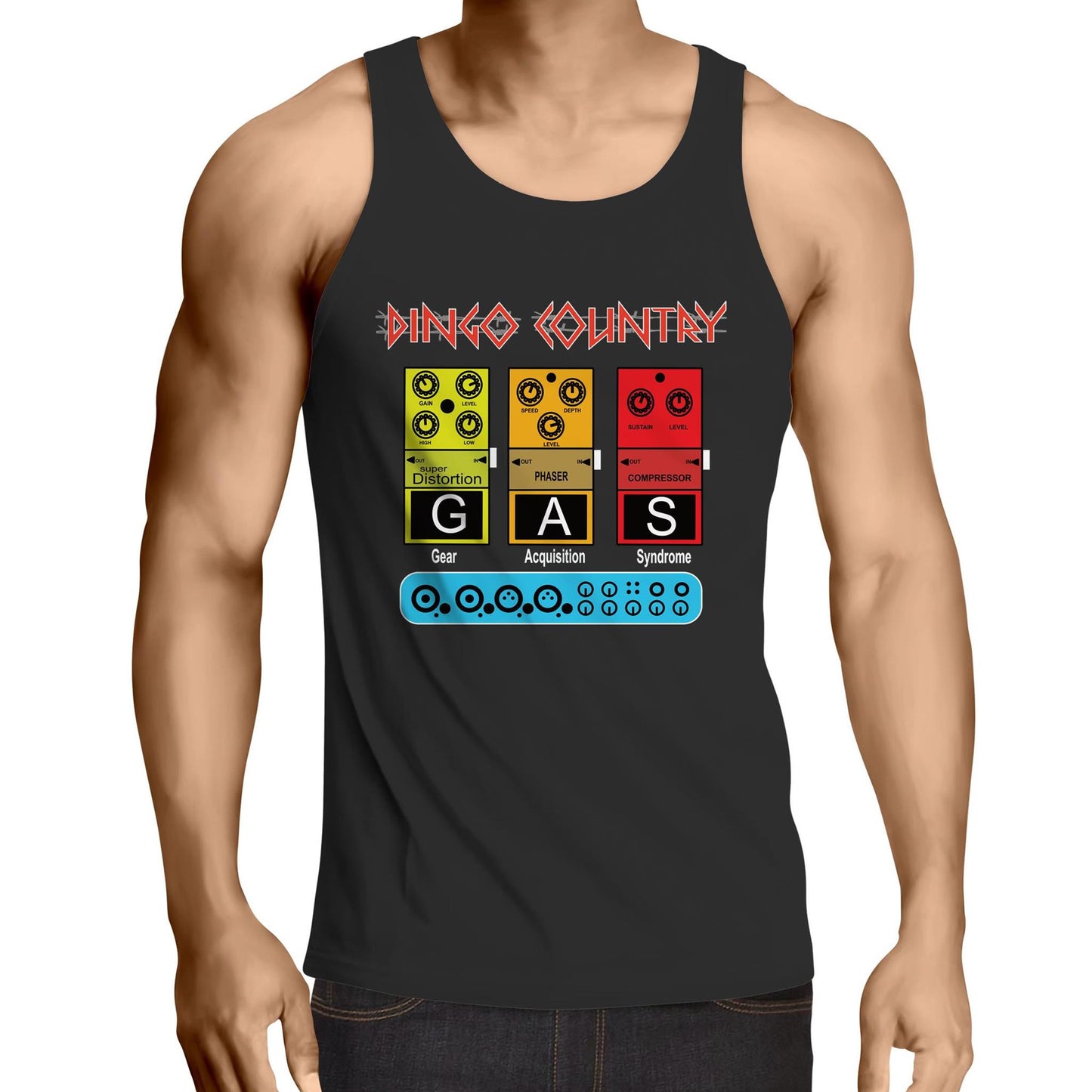Front view of Dingo Country's GAS Men's Singlet Top black, featuring pedal icons and 'Gear Acquisition Syndrome' text."