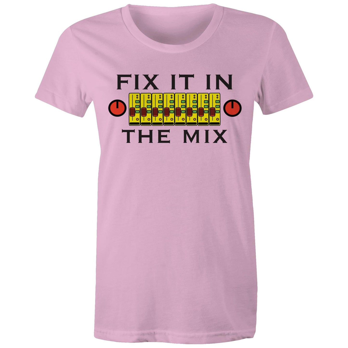 Fix It In The Mix' women's maple tee in pink with colorful mixer design
