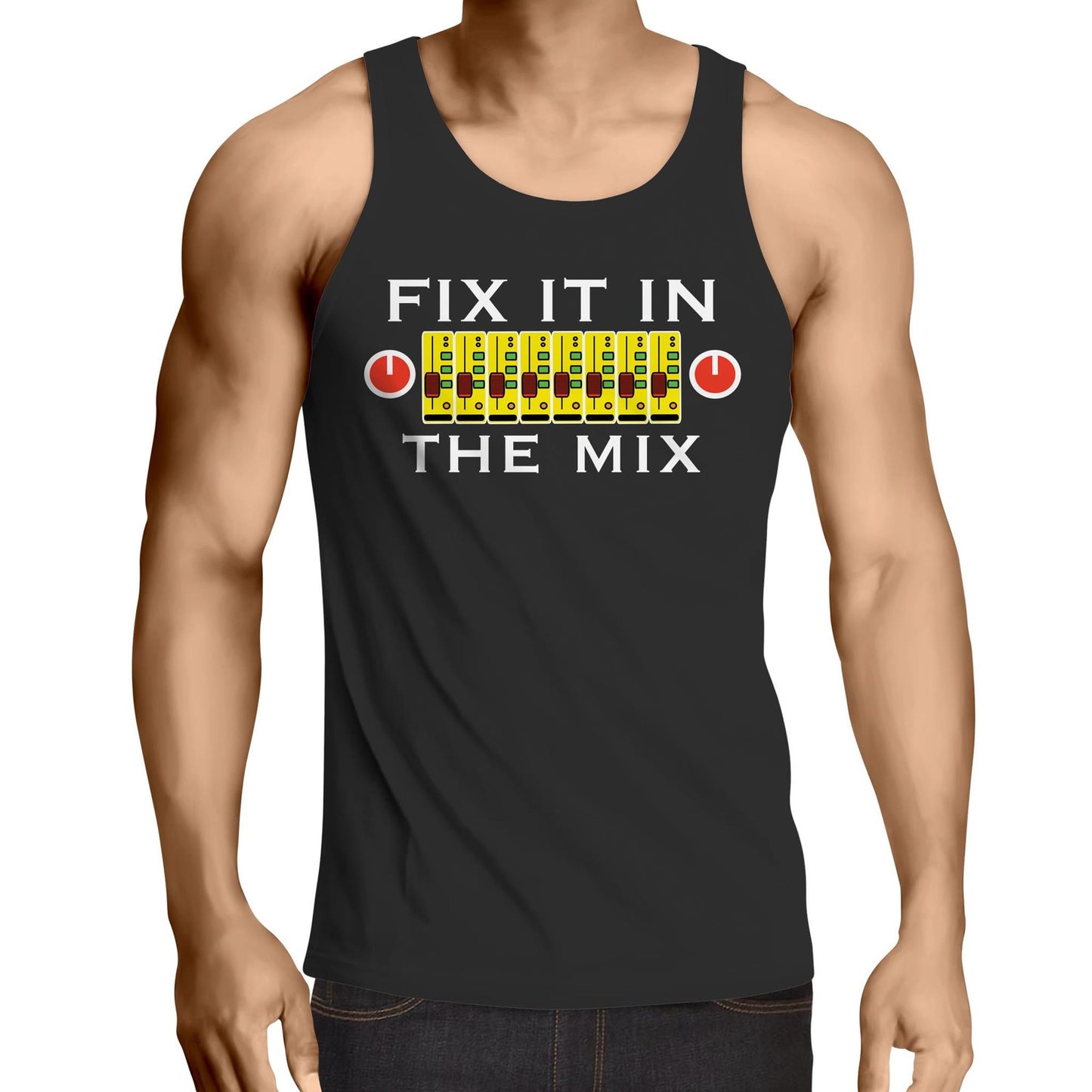Men's Black singlet top with 'Fix It In The Mix' mixer design - Dingo Country."