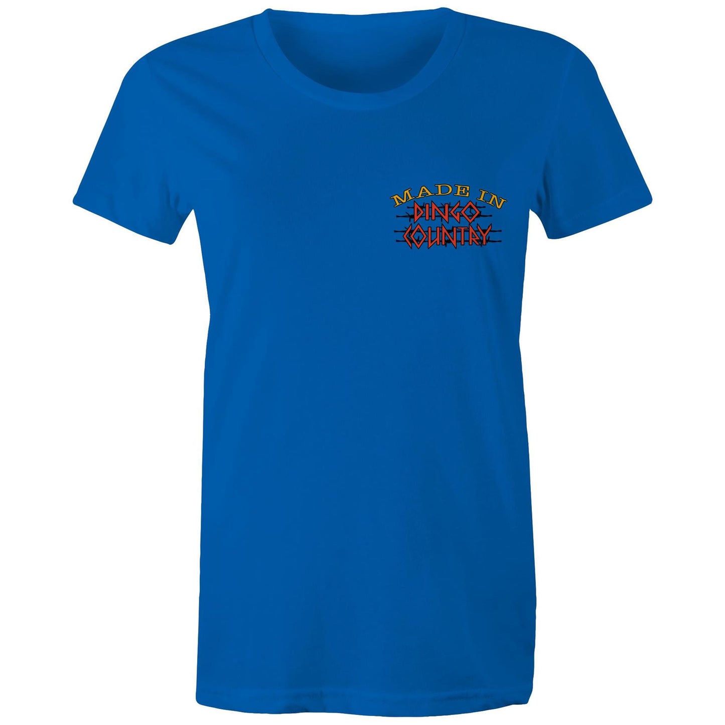 Front view of Dingo Country's Bright royal Maple Tee, featuring the iconic 'Made in Dingo Country' logo.